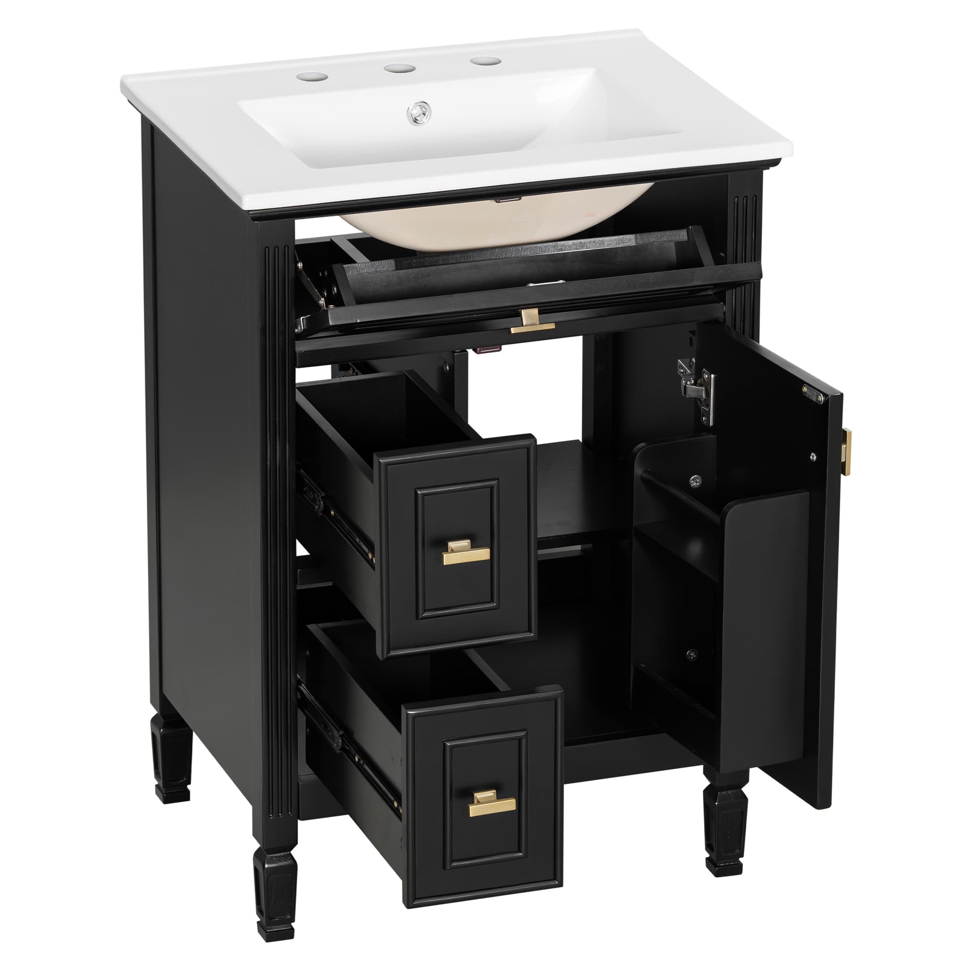 JCFL 24-Inch Black Freestanding Solid Wood and MDF Cabinet Bathroom ...