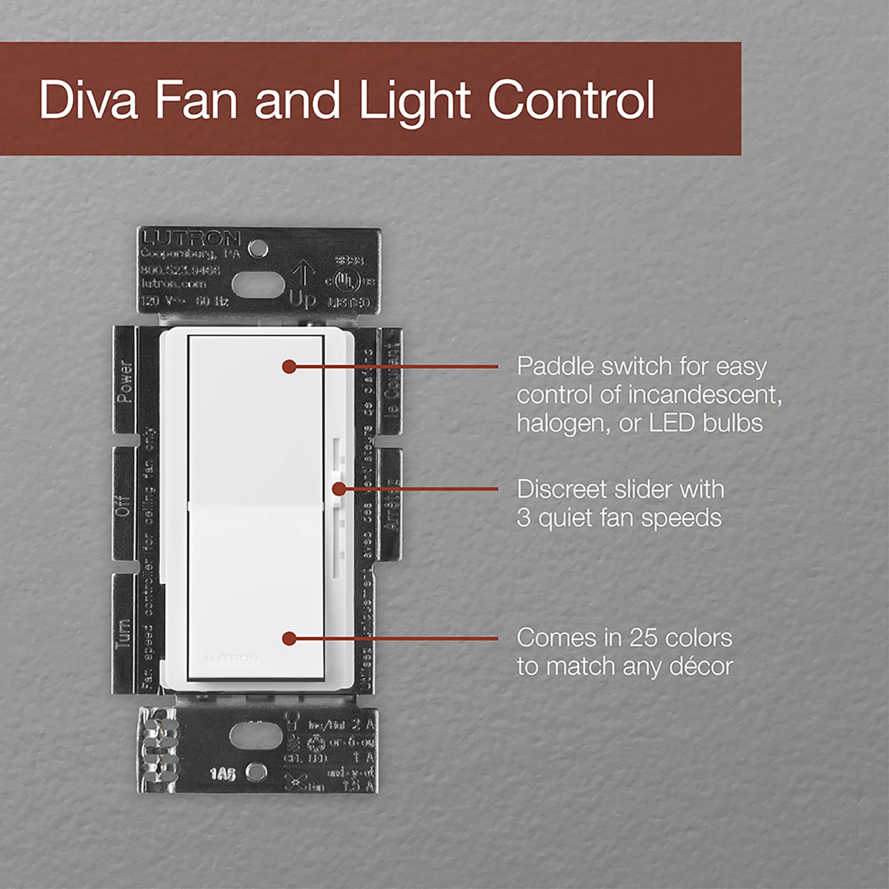 Lutron Diva 1.5-Amp 3-speed Wired Rocker Fan Control, Taupe in the Fan  Controls department at