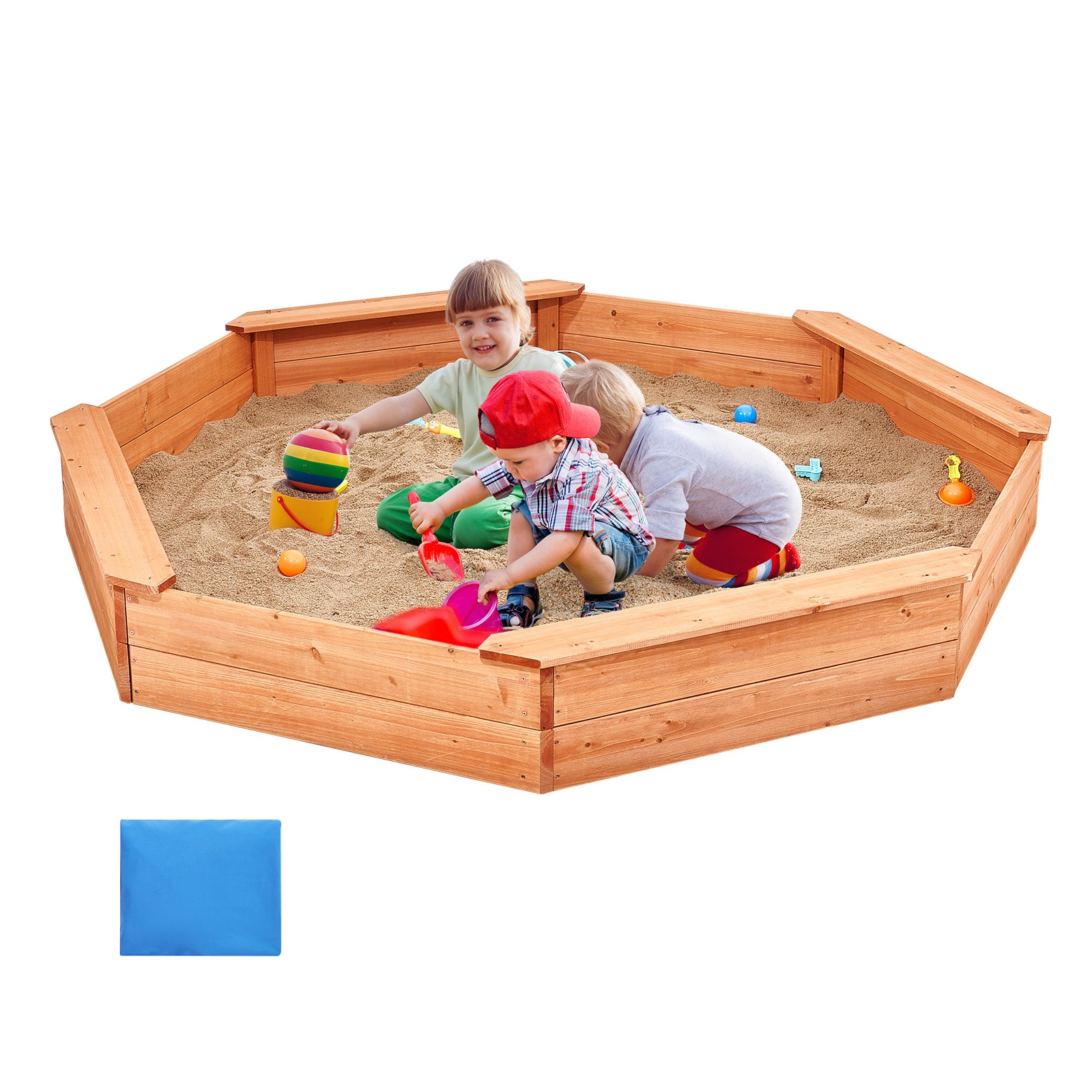 VEVOR SCSXMZBBXJCK01891V0 Wooden Sandbox with Cover  75.6 x 75.6 x 9.1 in Octagonal Sand Box  Sand Pit with 4 Seating and Bottom Liner  Kids Sandbox for Outdoor Backyard  Beach  Park  Gift for Boys Girls Ages 3-12
