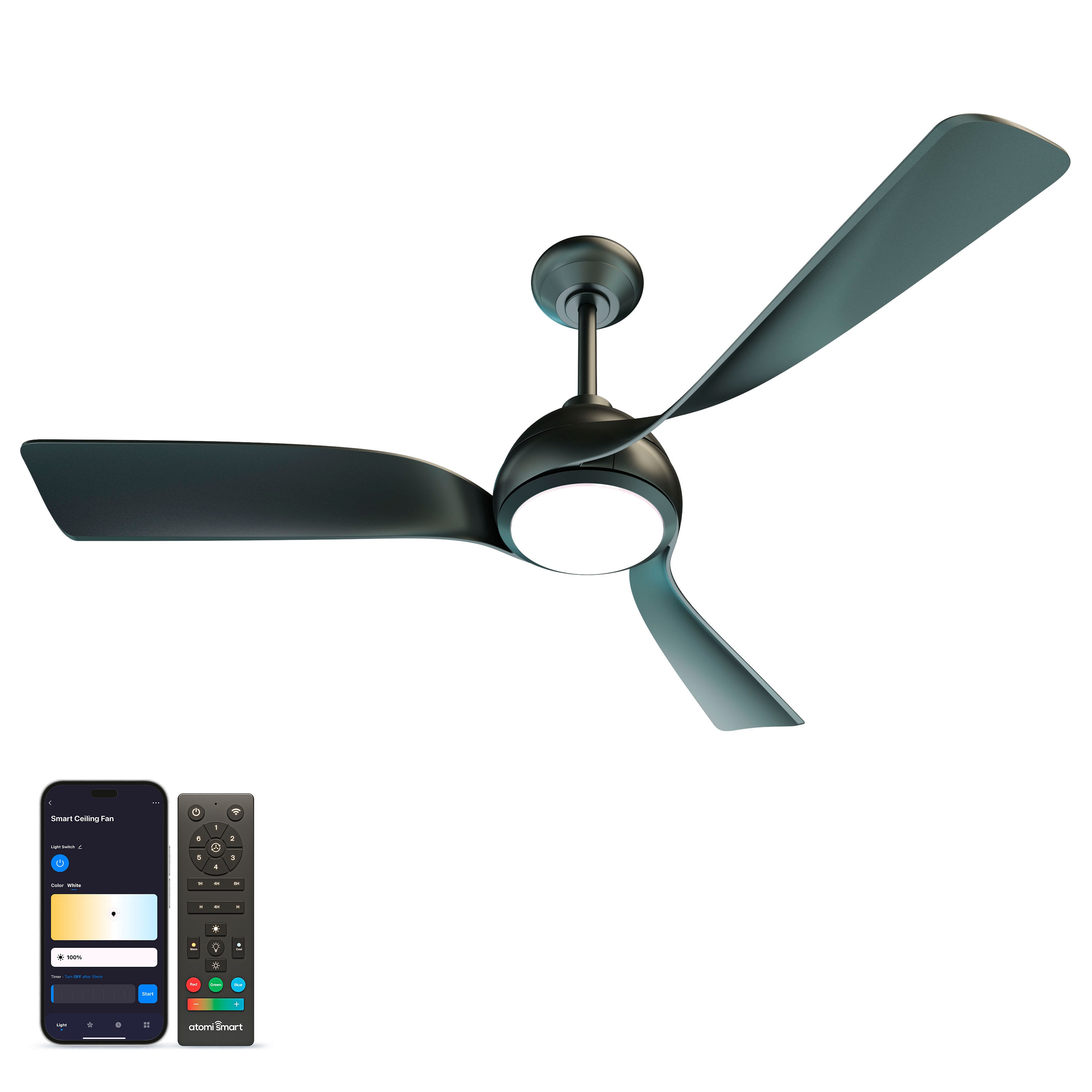 atomi smart AT2663-BB Flora 52-in Color-Changing Integrated LED Smart Pearl Black with Pearl Black Blades Ceiling Fan With Light - Remote Included ( 3 -Blade )