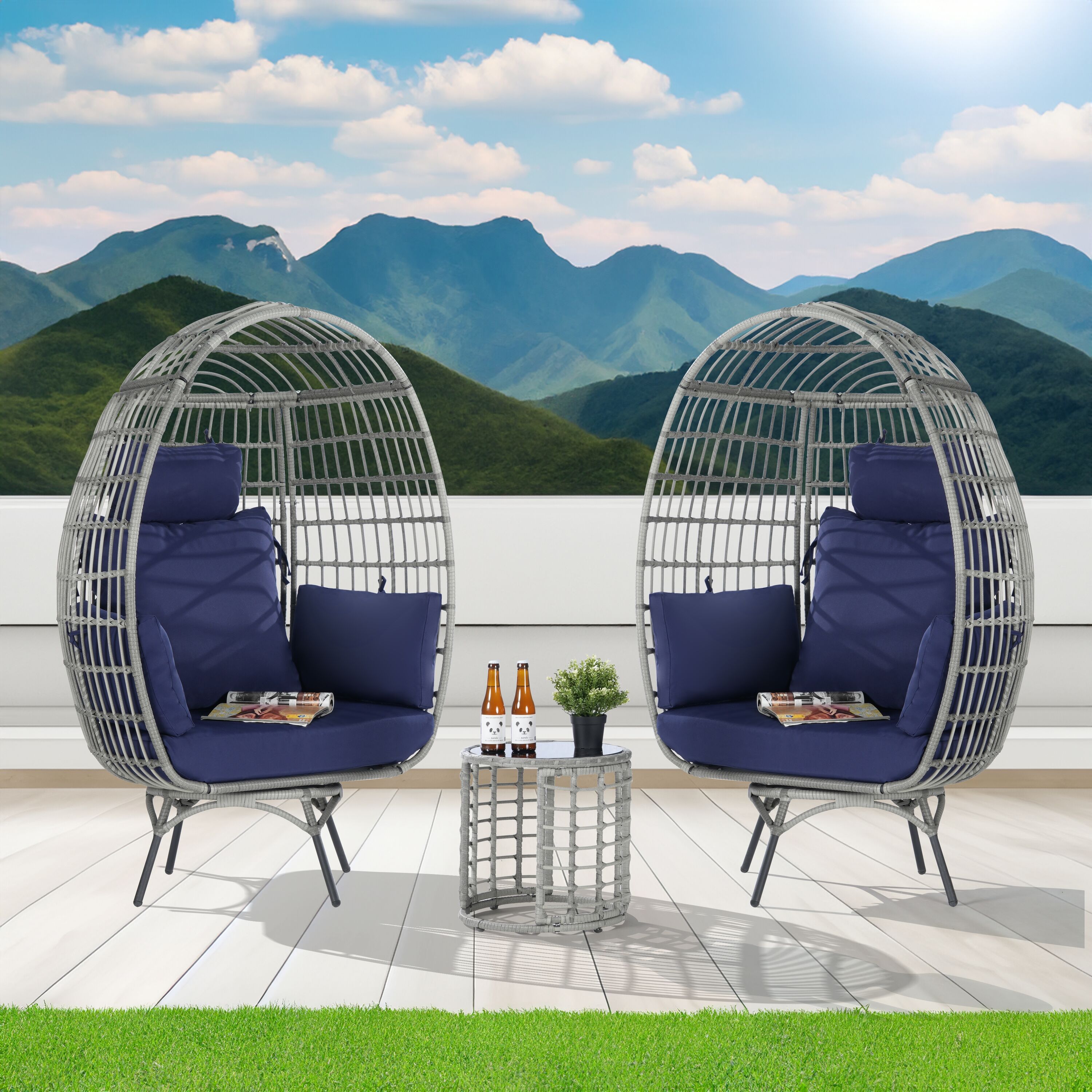 SANSTAR L-RJDC65NY-3P 3 -Piece Wicker Patio Conversation Set with Blue Cushions