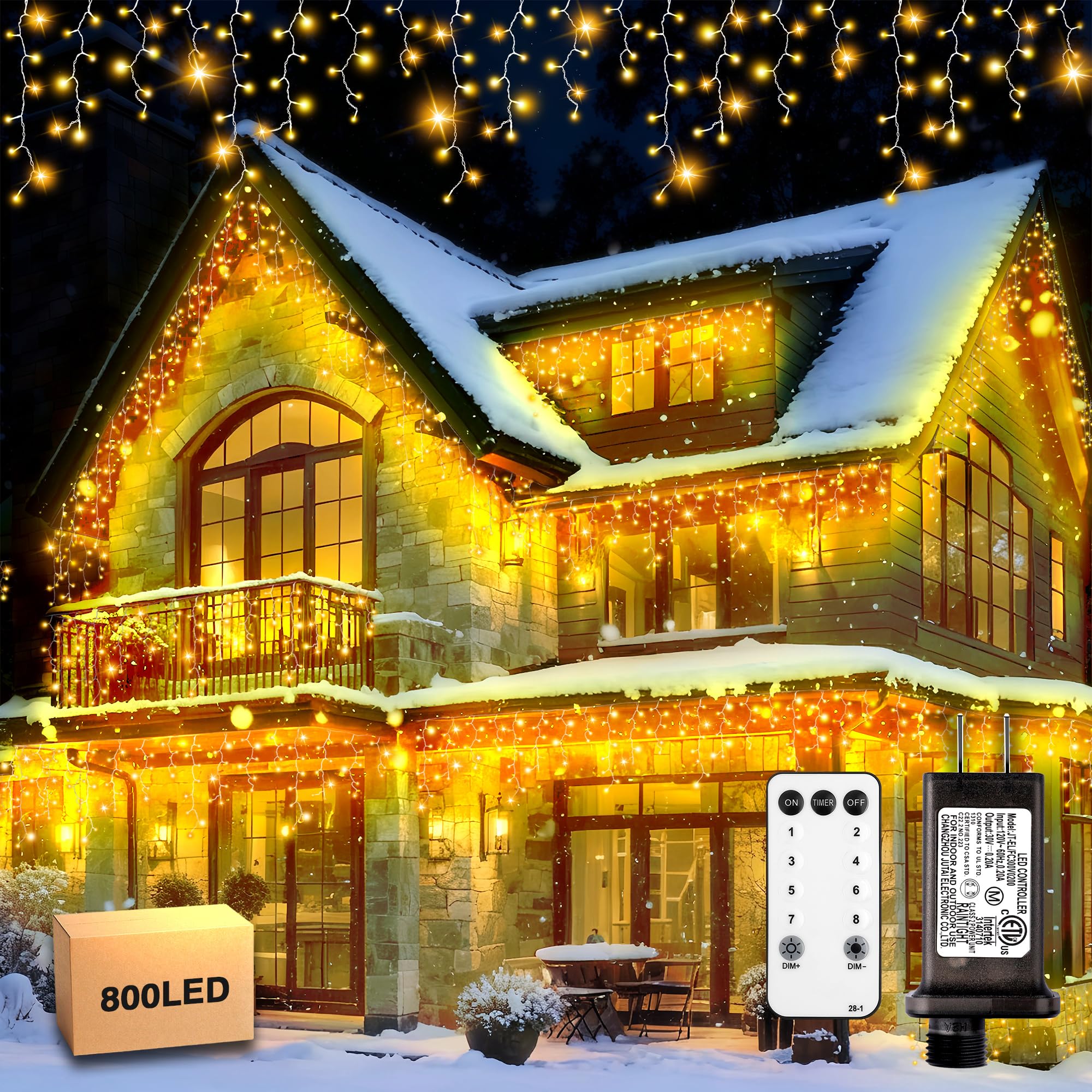 Phewnyzo  800 LED Icicle Lights Outdoor 79ft Waterproof Christmas String Lights with 8 Lighting Modes 4 Brightness Levels Remote Timer for Indoor