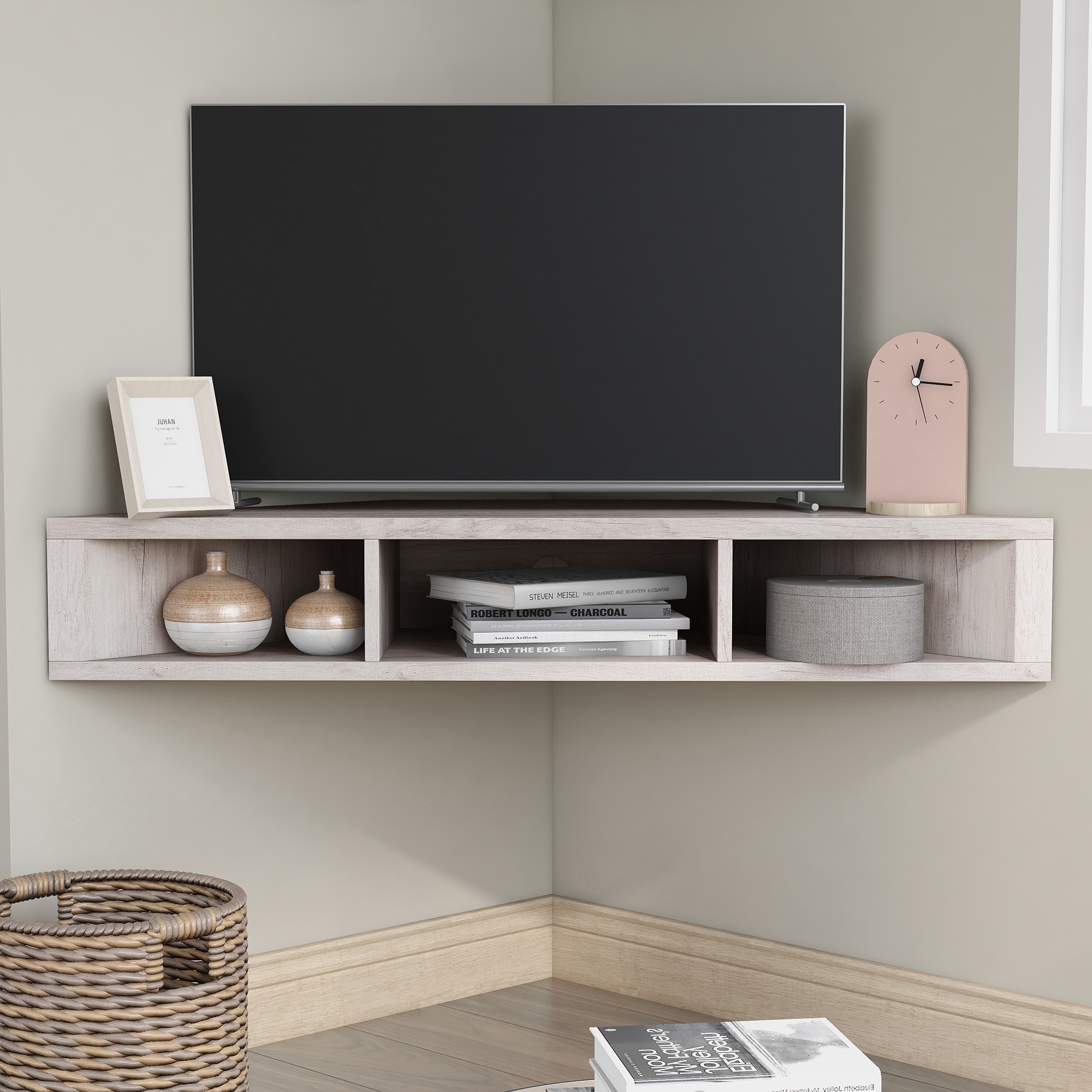 Furniture of America IDI-182360 Weinardt Modern/Contemporary White Oak Corner TV stand Integrated TV Mount ( Accommodates TVs up to 50-in )