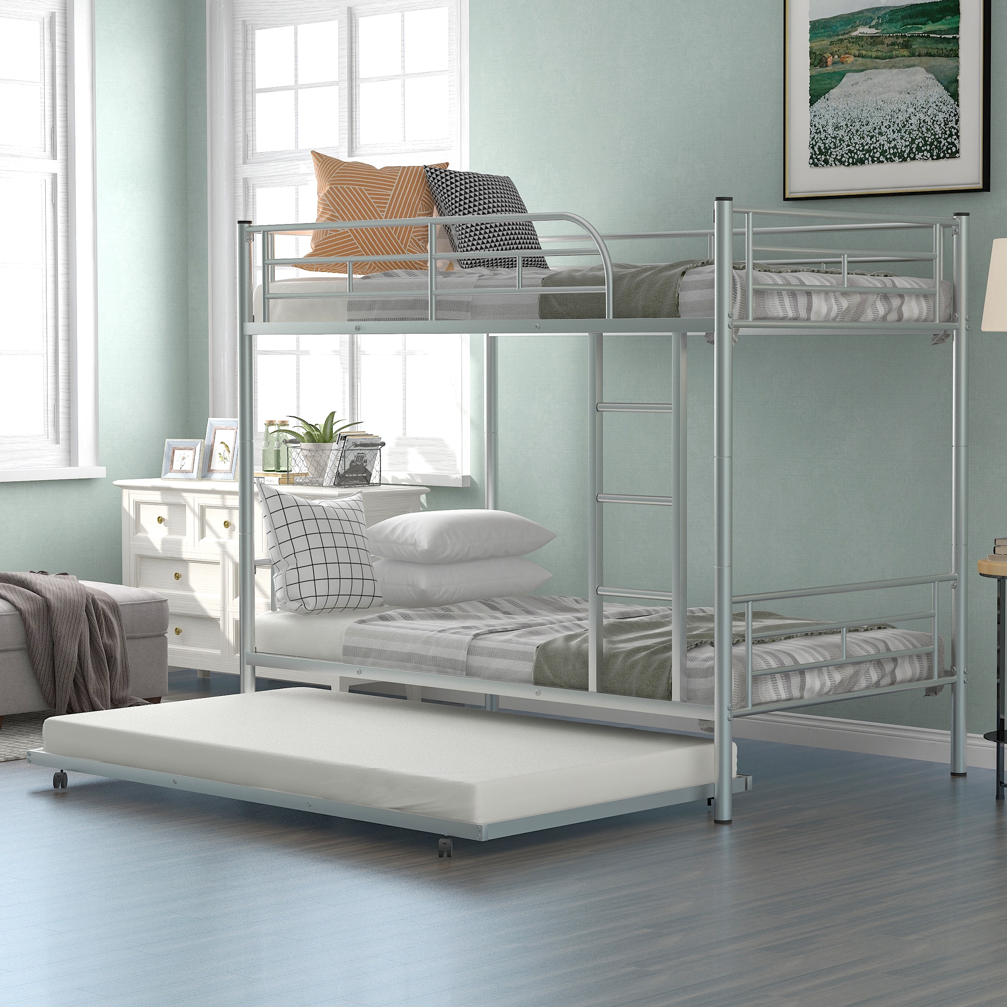 ModernLuxe MF291667AAN TwinOverTwin Metal Bunk Bed With TrundleCan be Divided into two bedsNo Box Spring needed White