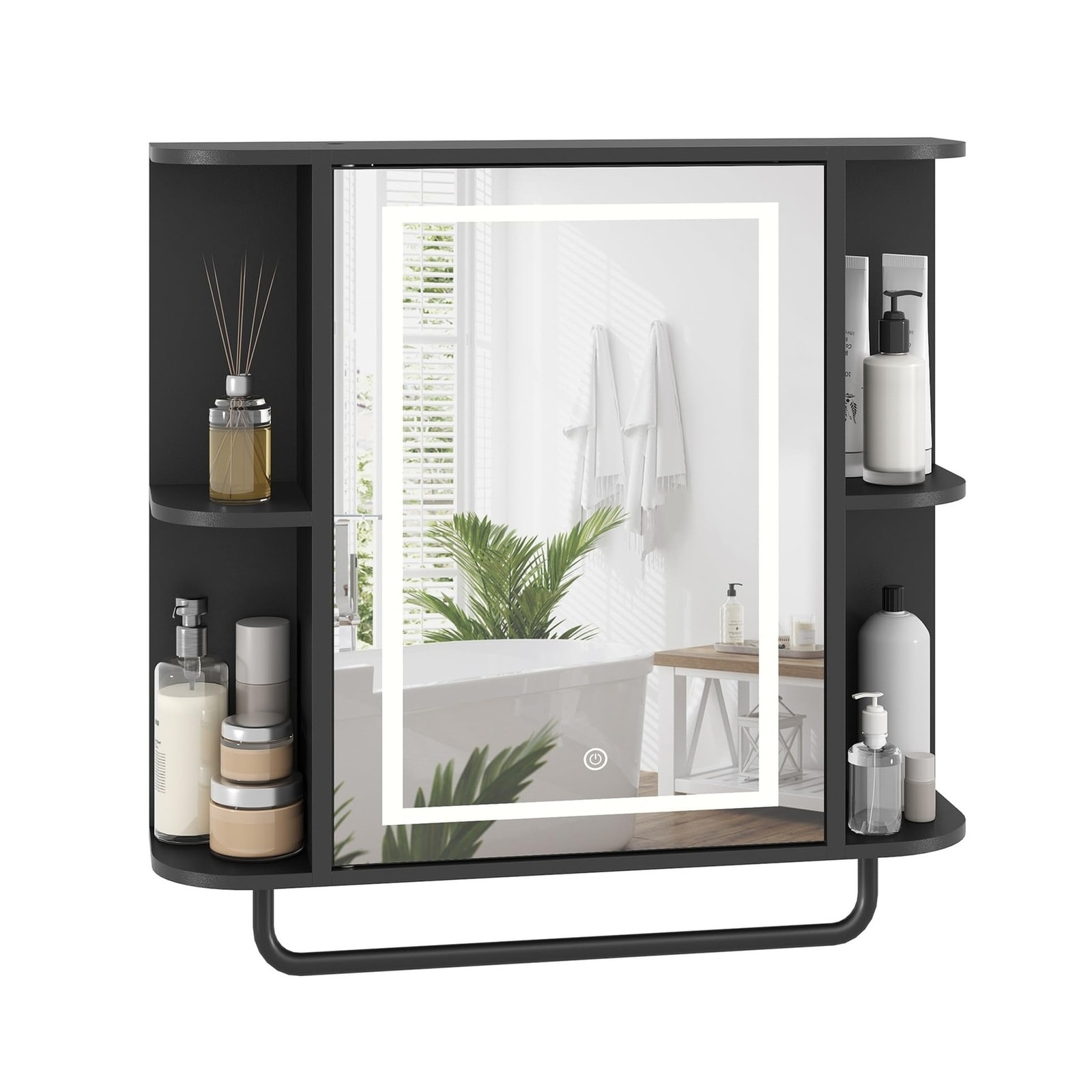 Ahfiwaso  Bathroom Wall Cabinet with Mirror LED Light Adjustable Shelves and Towel Bar Wall Mounted Storage 24.7L x 6.7W x 26.7H Black