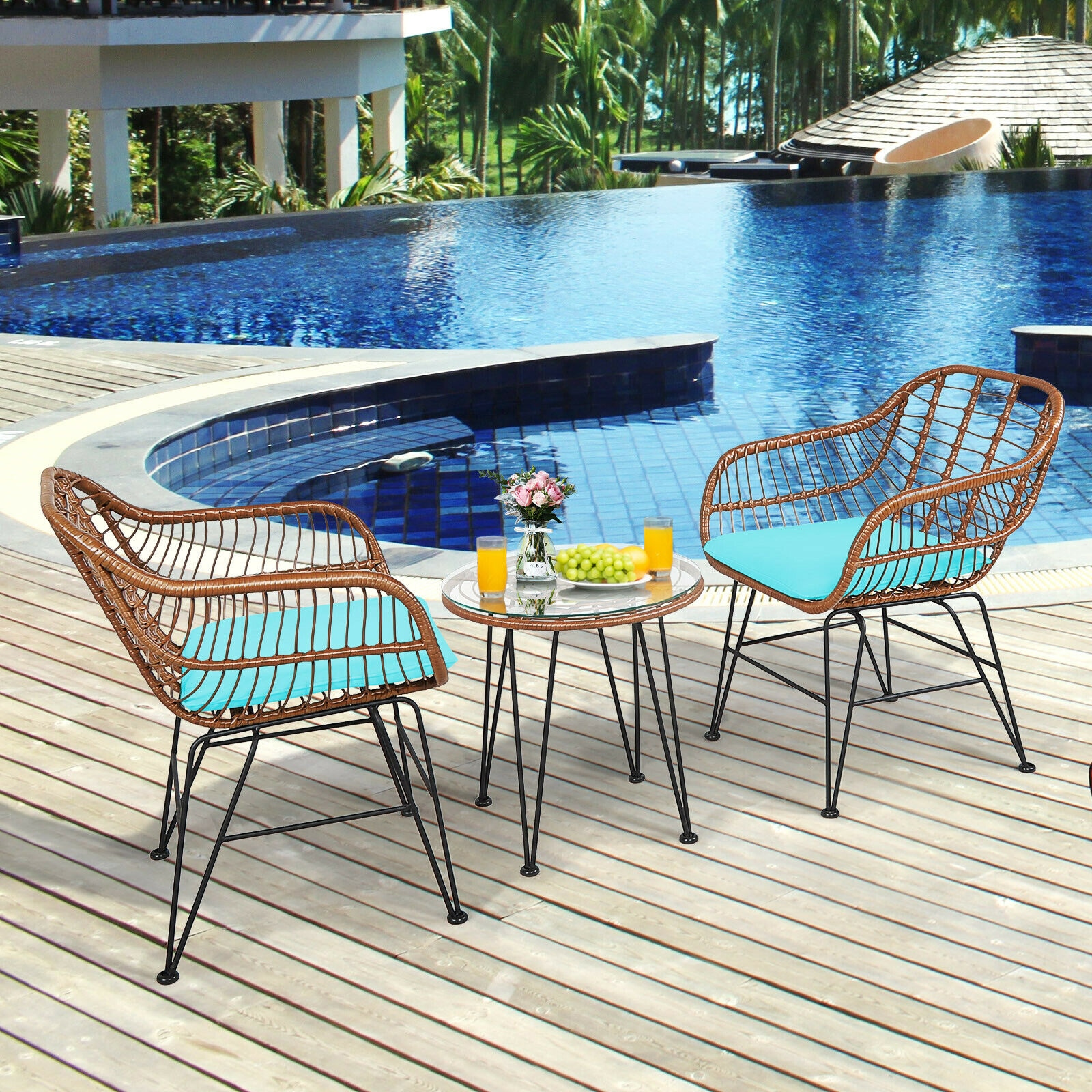 Clihome Bistro Set 3-Piece Blue Rattan Bistro Patio Dining Set Steel ...