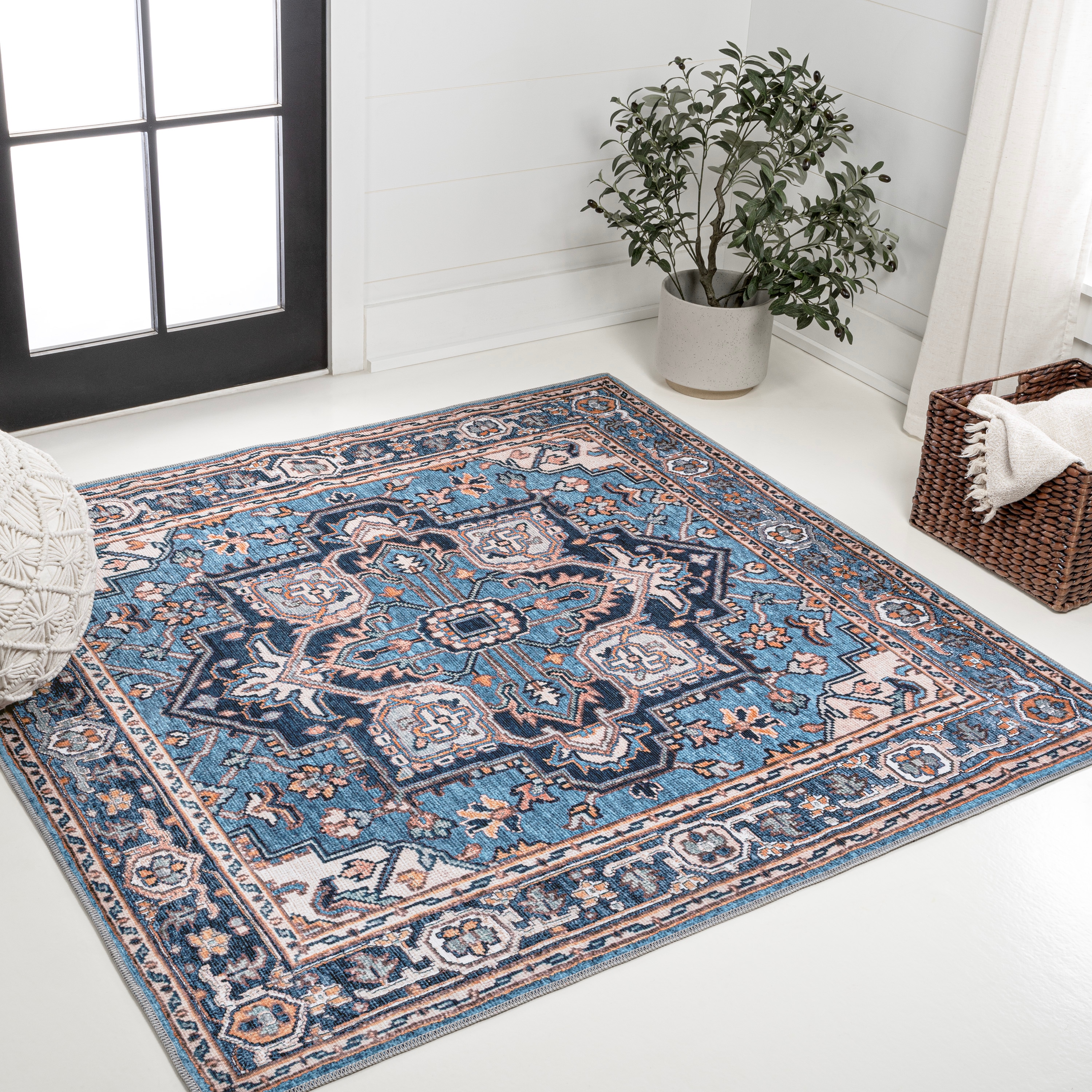 JONATHAN  Y WSH105B-8SQ WASHABLE Cirali Ornate 8 x 8 (ft) Loomed Polypropylene Blue/Beige Square Indoor Medallion Bohemian/Eclectic Machine washable Area rug