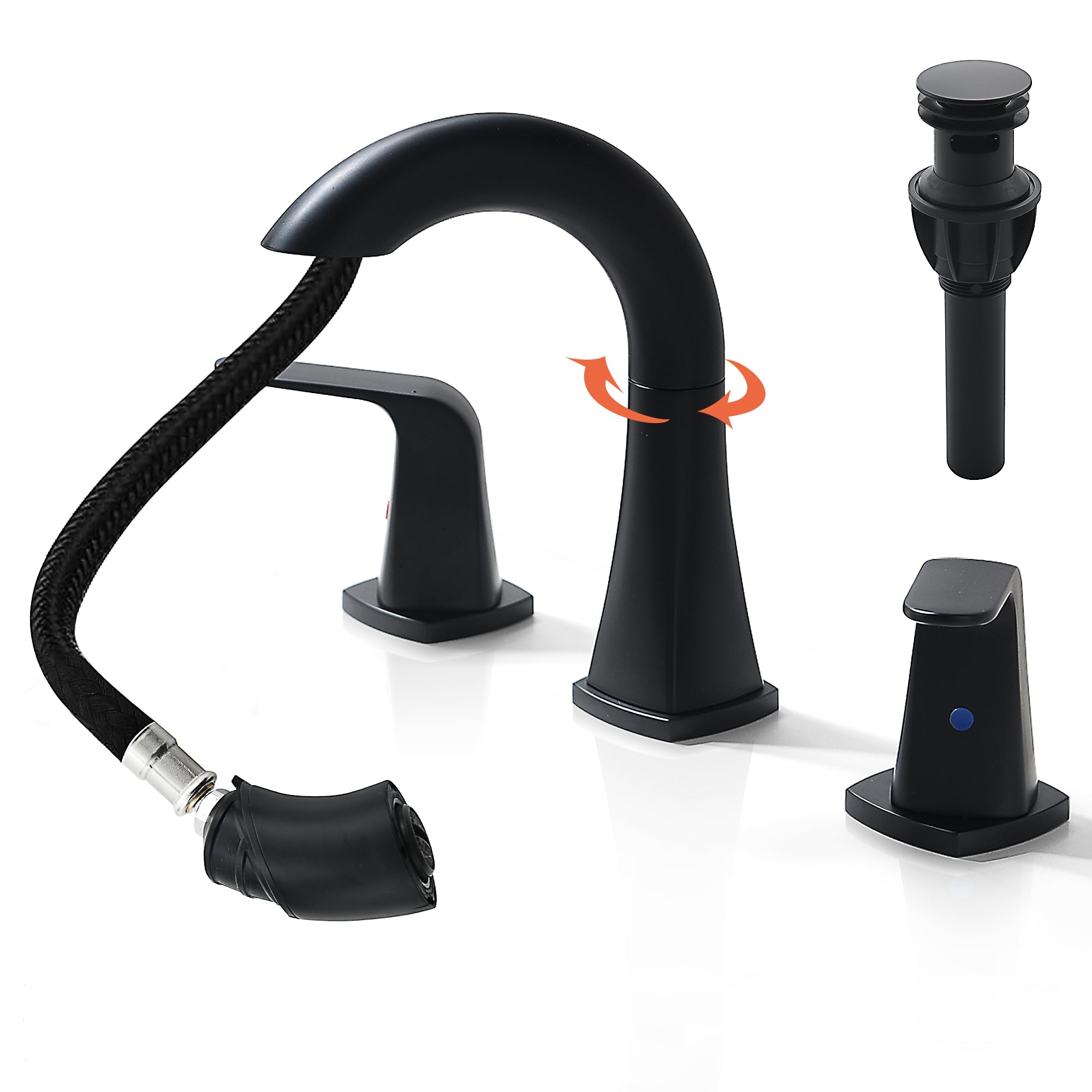 AKSCYZM  Pull Down Bathroom Faucet Black Matte Black Sink Faucet with Sprayer Bathroom Pull Out Faucets 2 Handles Widespread Vanity Faucets 3