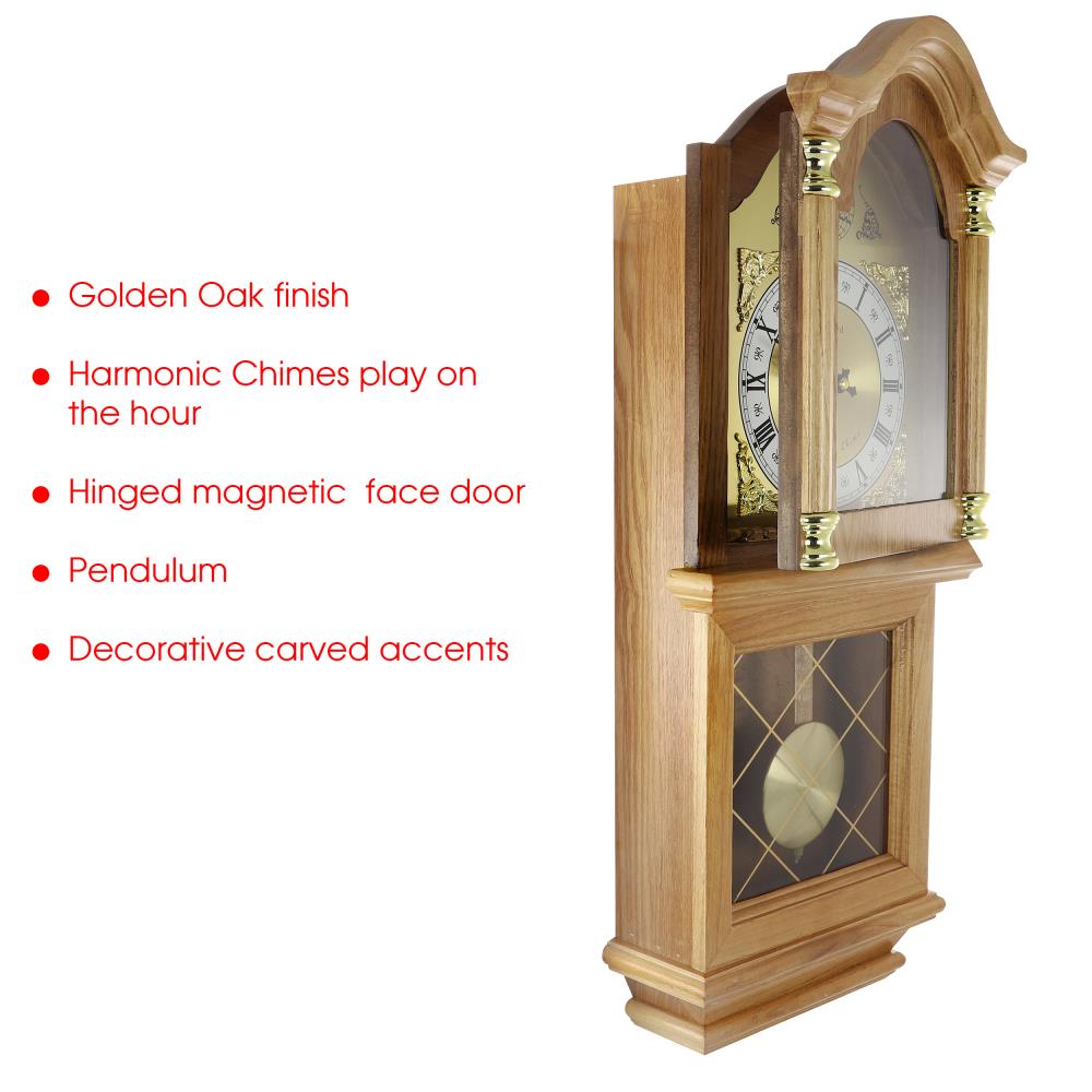 Golden Oak 26" Chiming Wall Clock with Swinging Pendulum
