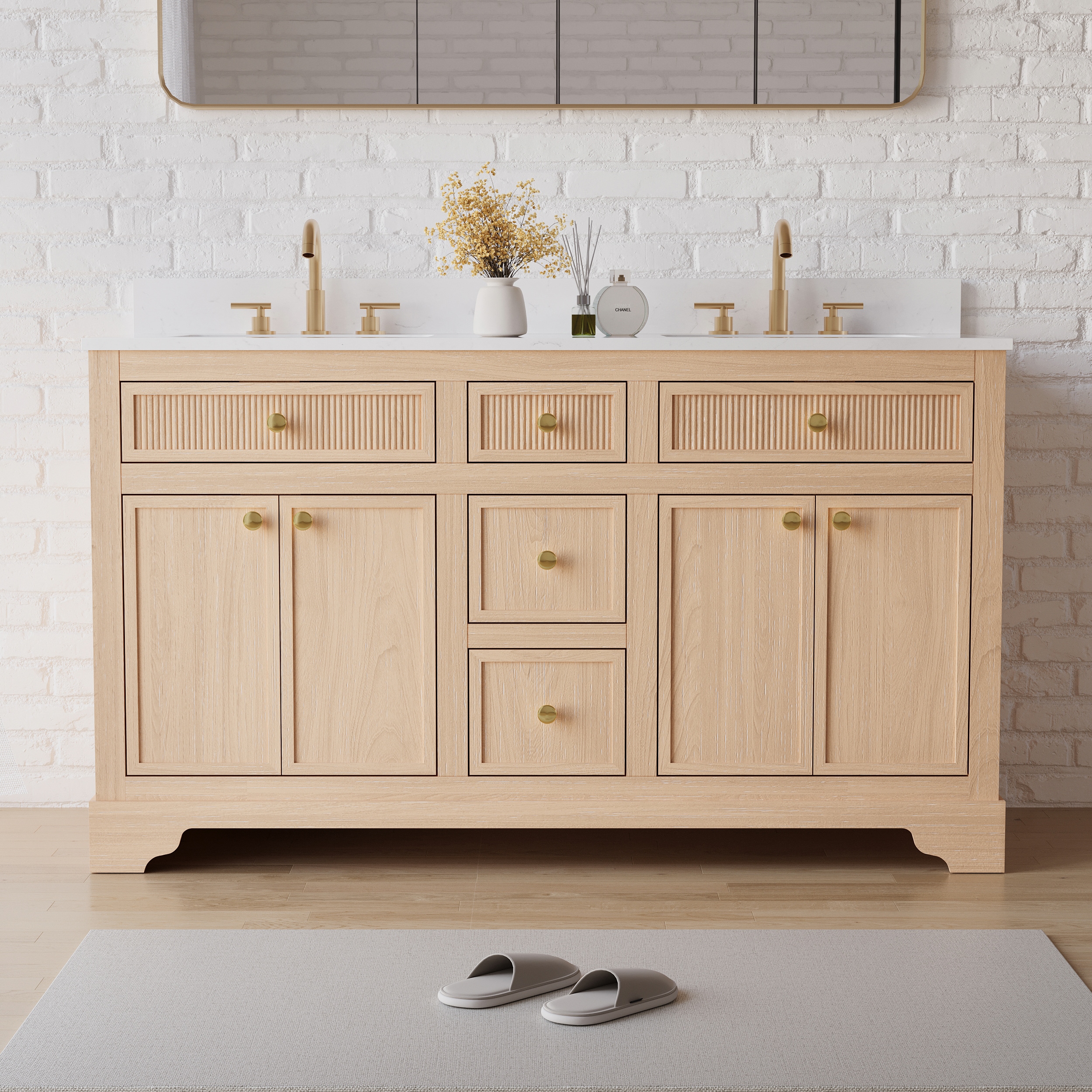 WELLFOR EX-VEBV48GR ALLSTAR Solid Wood Bathroom Vanity 60-in Oak Undermount Double sink Bathroom Vanity with Carrera white Quartz Top