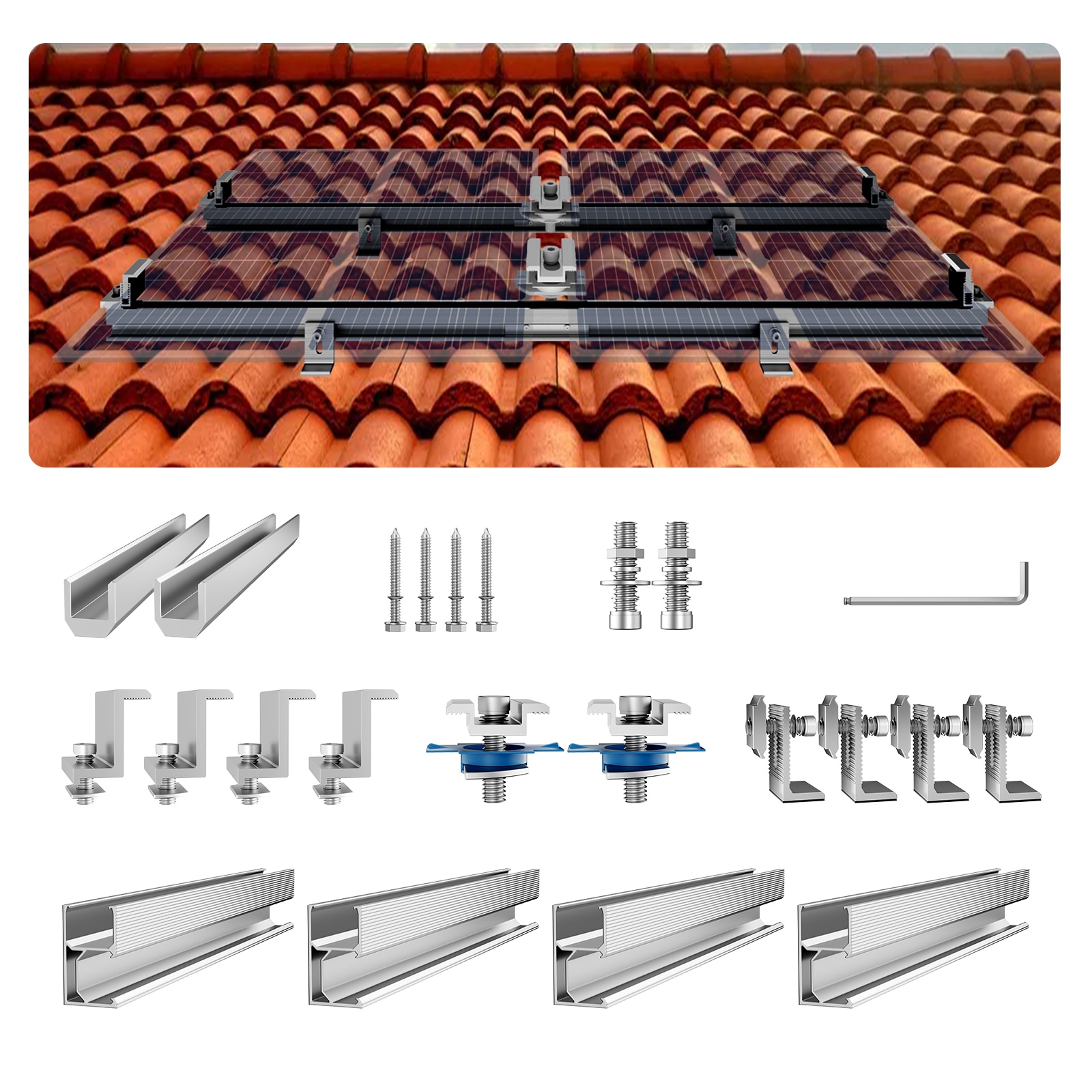 VEVOR Solar Panel Mounting Brackets Solar Panel Mount Kit with 4 x 30in Aluminum Rails 4 End Clamps and 2 Mild Clamps Solar Panel Mount Brackets for Metal Roof Concrete Roof Wood Roof Tile Roof #SCXWDXT4000008984V0