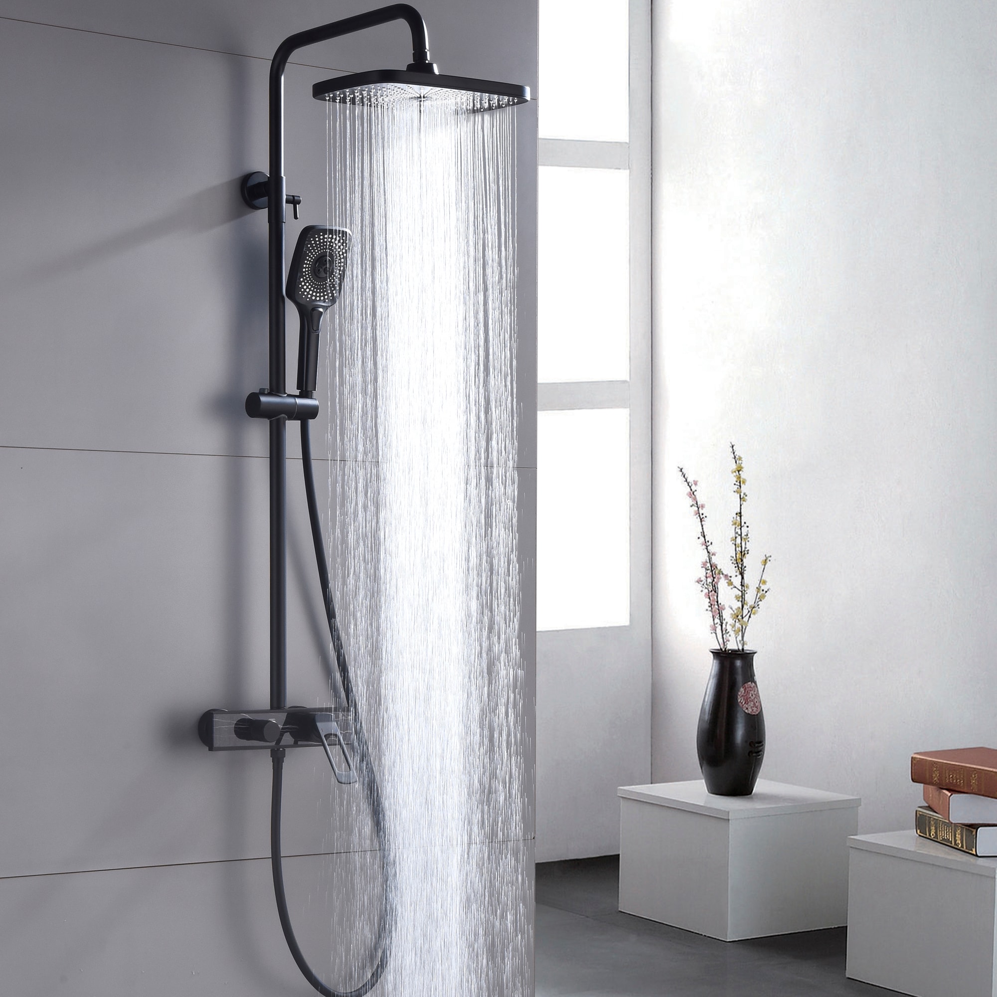 WELLFOR CR-P-12-2W02CP Matte Black 12-in Dual Head Shower Faucet Bar System with 3-way Diverter ( Pressure-balanced Valve Included )