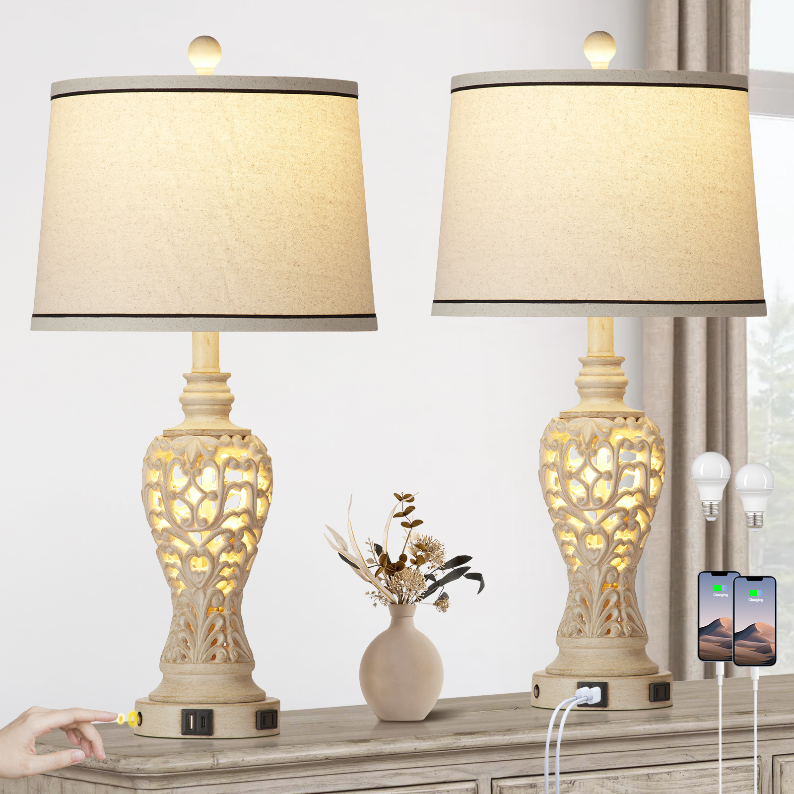 UrFurnishings TD-302 Achsah 25.2-in Off white LED Rotary socket Table Lamp with Linen Shade