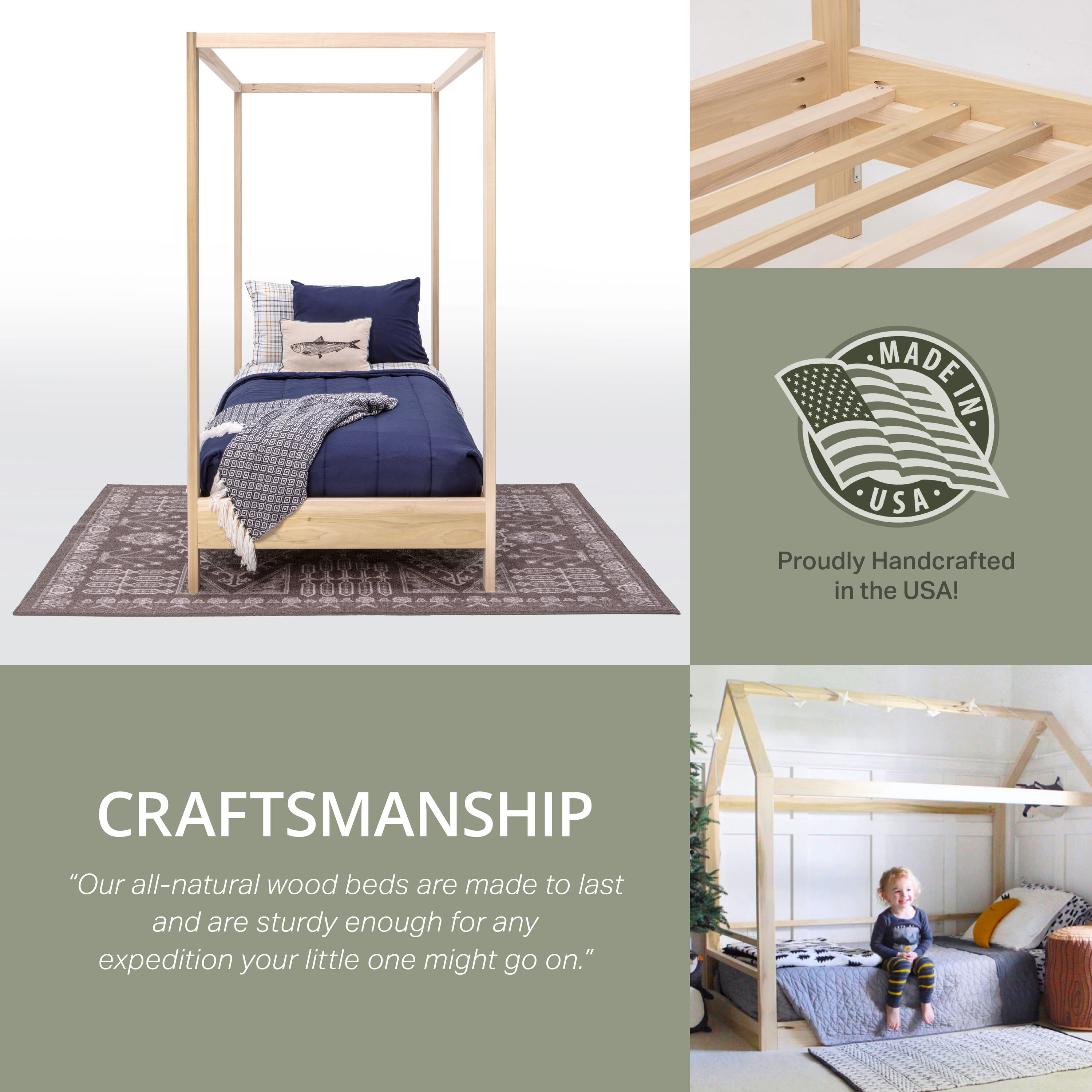 Natural Wood Twin Canopy Bed with Raised Platform