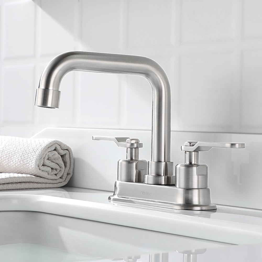 Newater 3002031 Cody Brushed Nicke 4-in centerset 2-handle High-arc Residential Handle Bathroom Sink Faucet with Drain with Deck Plate