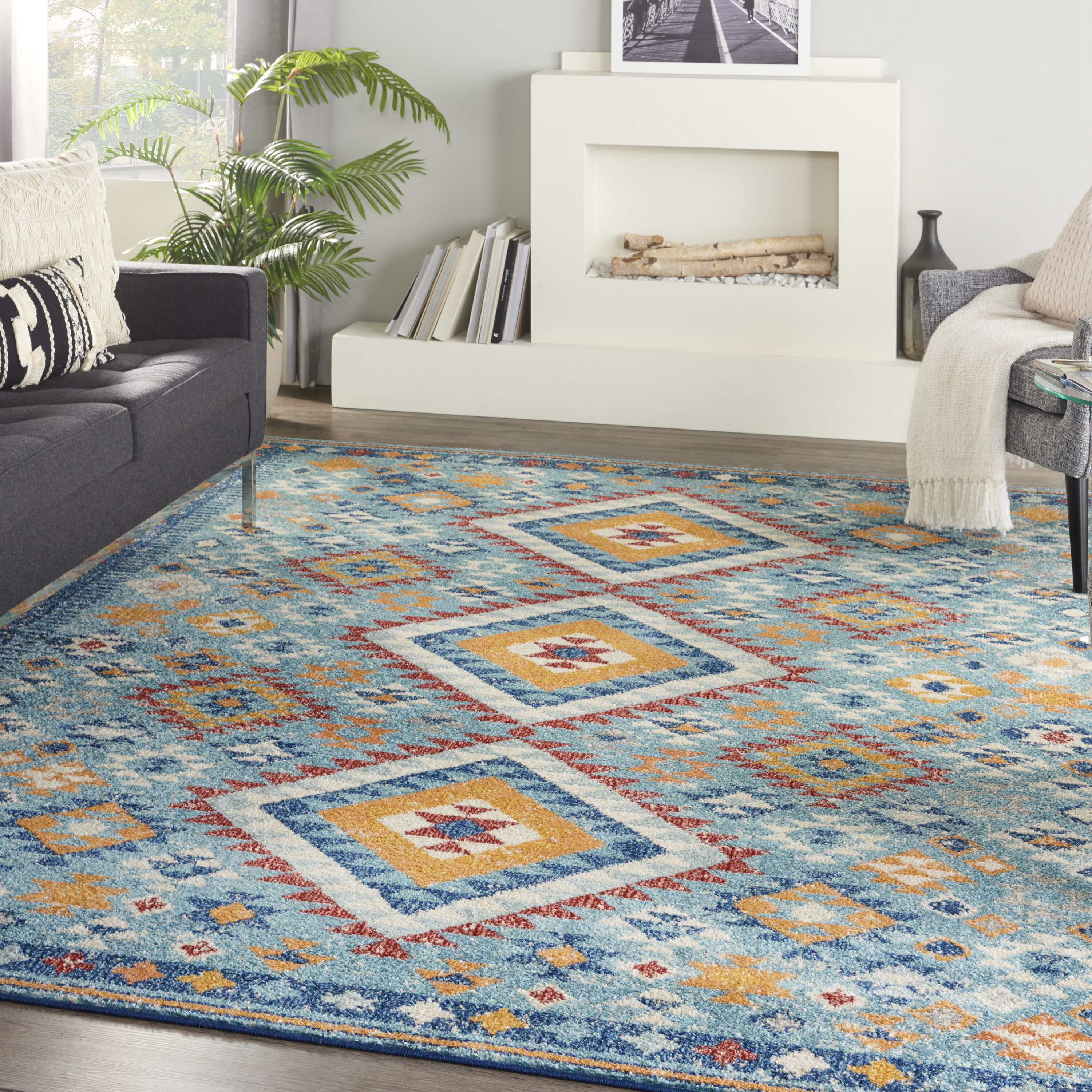Nourison 099446814609 Passion 8 x 10 (ft) Loomed Polypropylene Blue/Multicolor Rectangular Indoor Geometric Bohemian/Eclectic Area rug