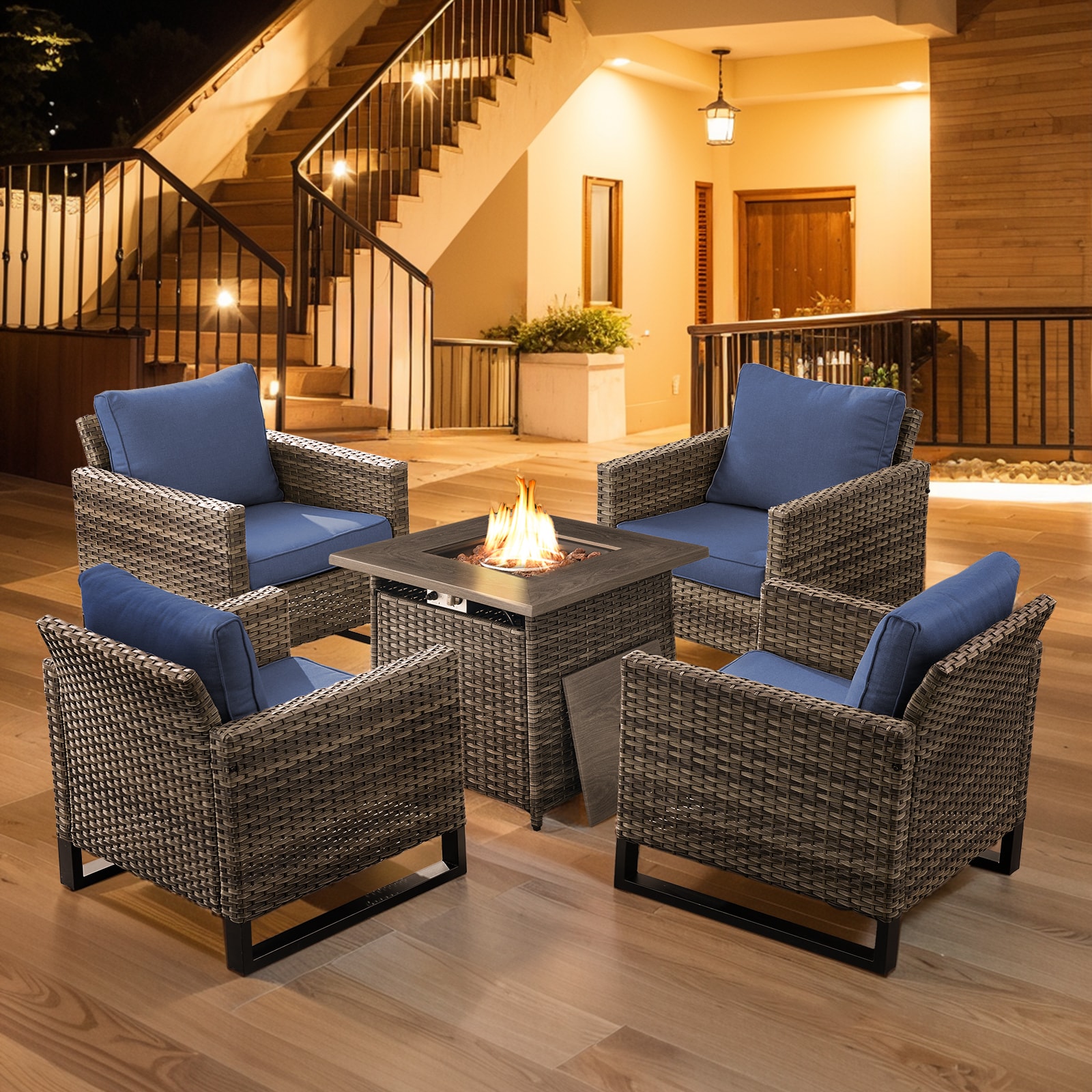 Jeehope PA063063099-1 PAnorama Series 5 -Piece Wicker Patio Conversation Set with Navy Cushions