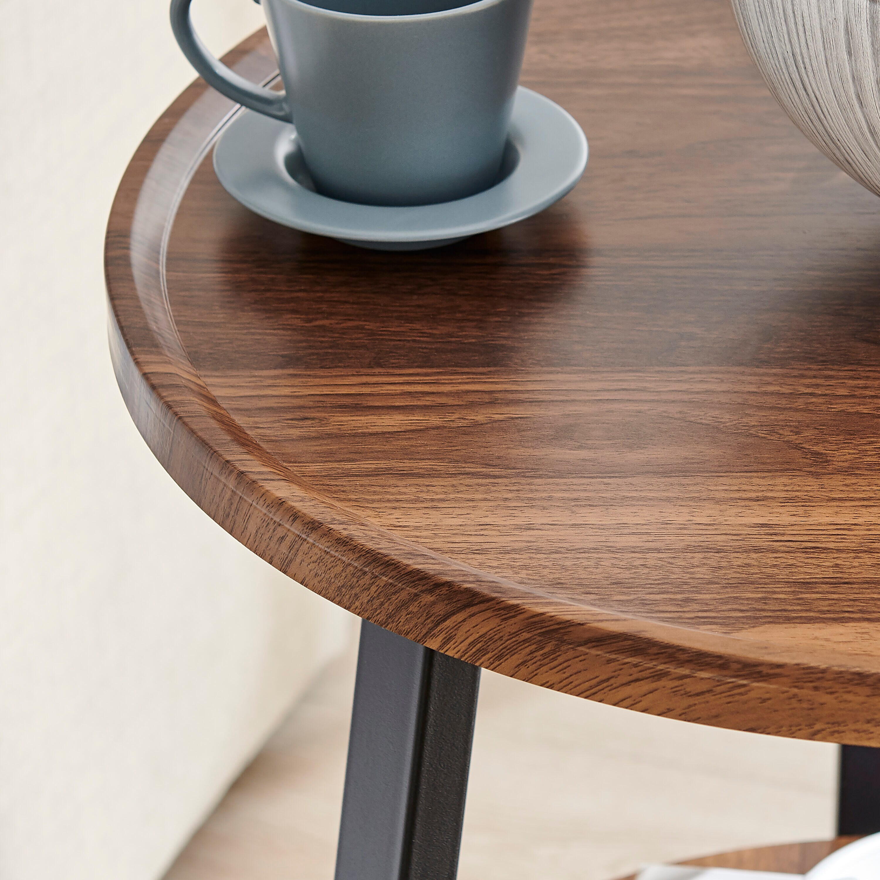 Walnut and Black Round Two-Tier Accent Table with Metal Legs