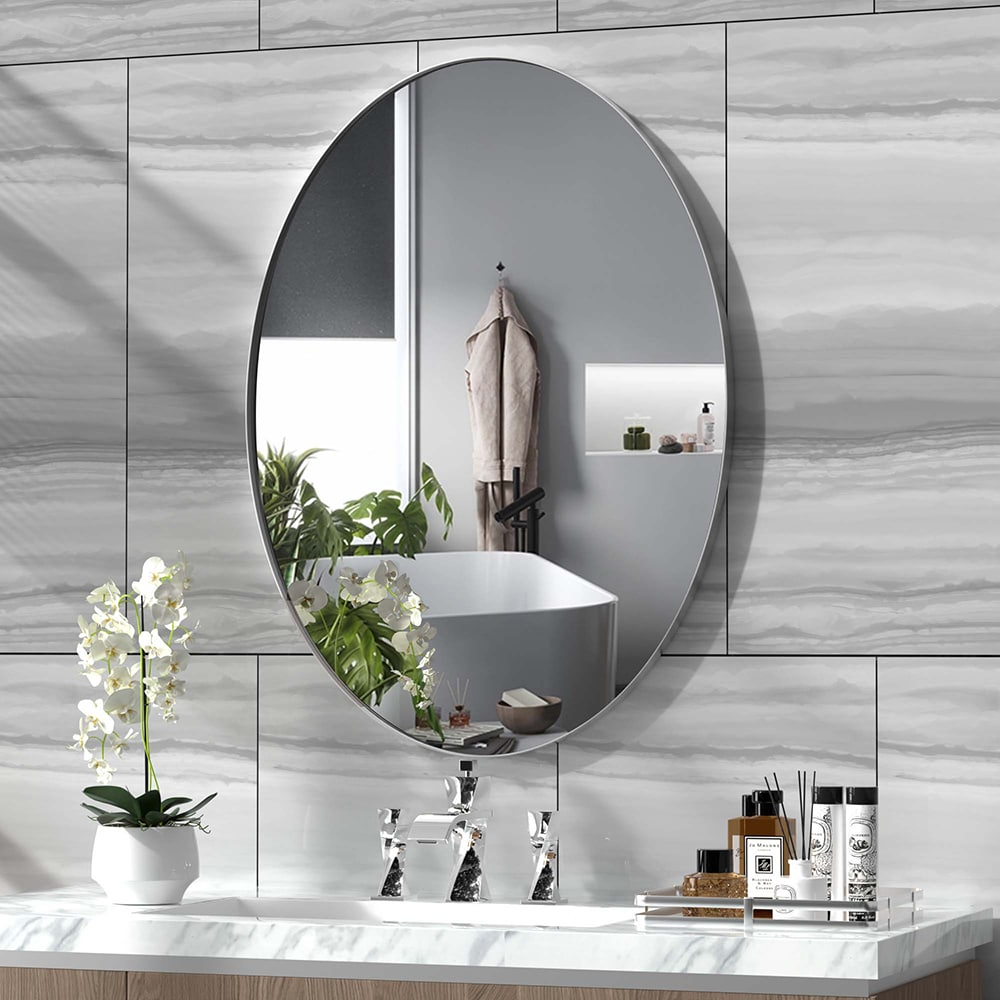 Clavie 24-in W x 36-in H Oval Brushed Silver Framed Wall Mirror in the  Mirrors department at