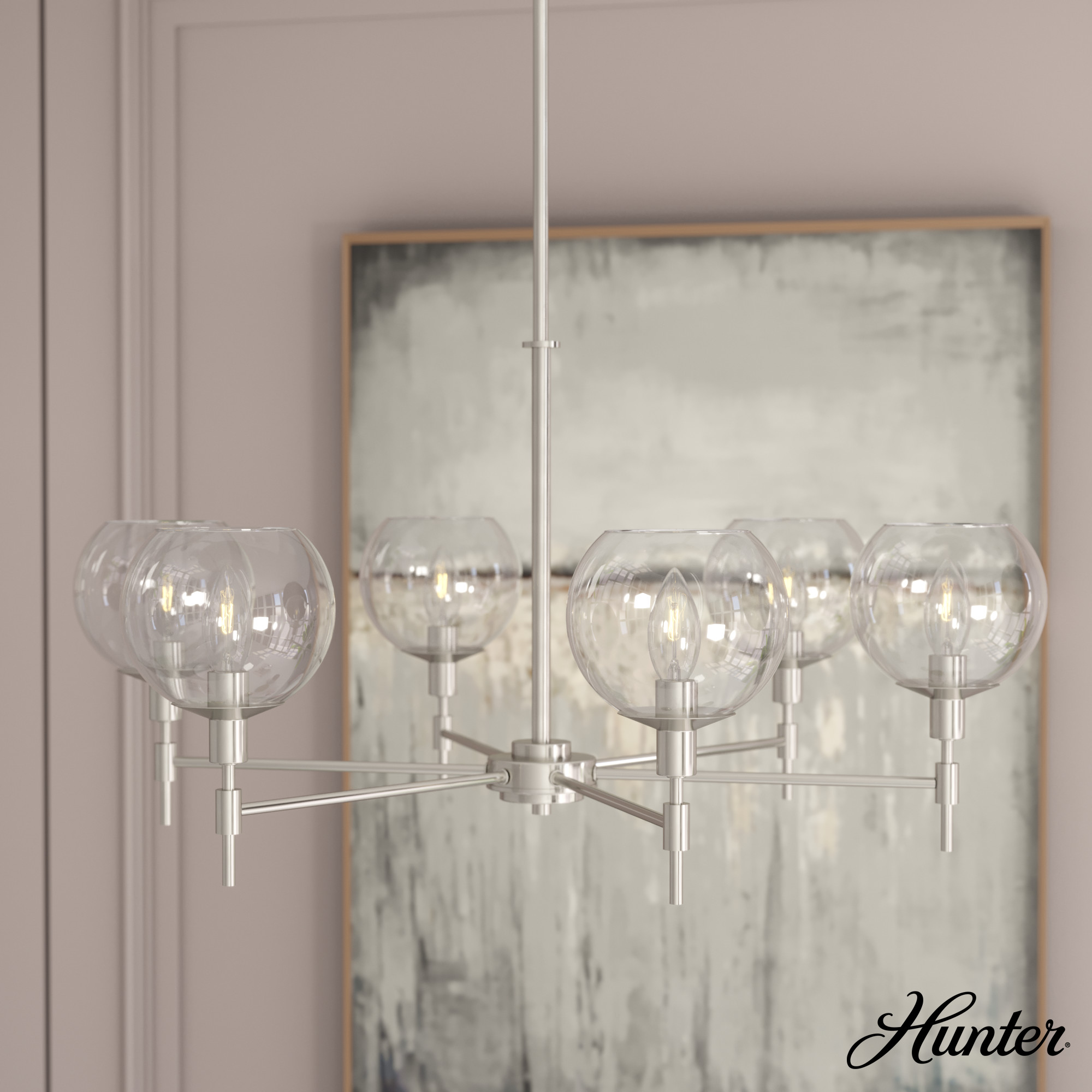 Hunter 19744 Xidane 6 -Light Brushed Nickel Mid-century Crystal For Use in Bedrooms, Dining Rooms, Foyers, Kitchens, Living Rooms Chandelier