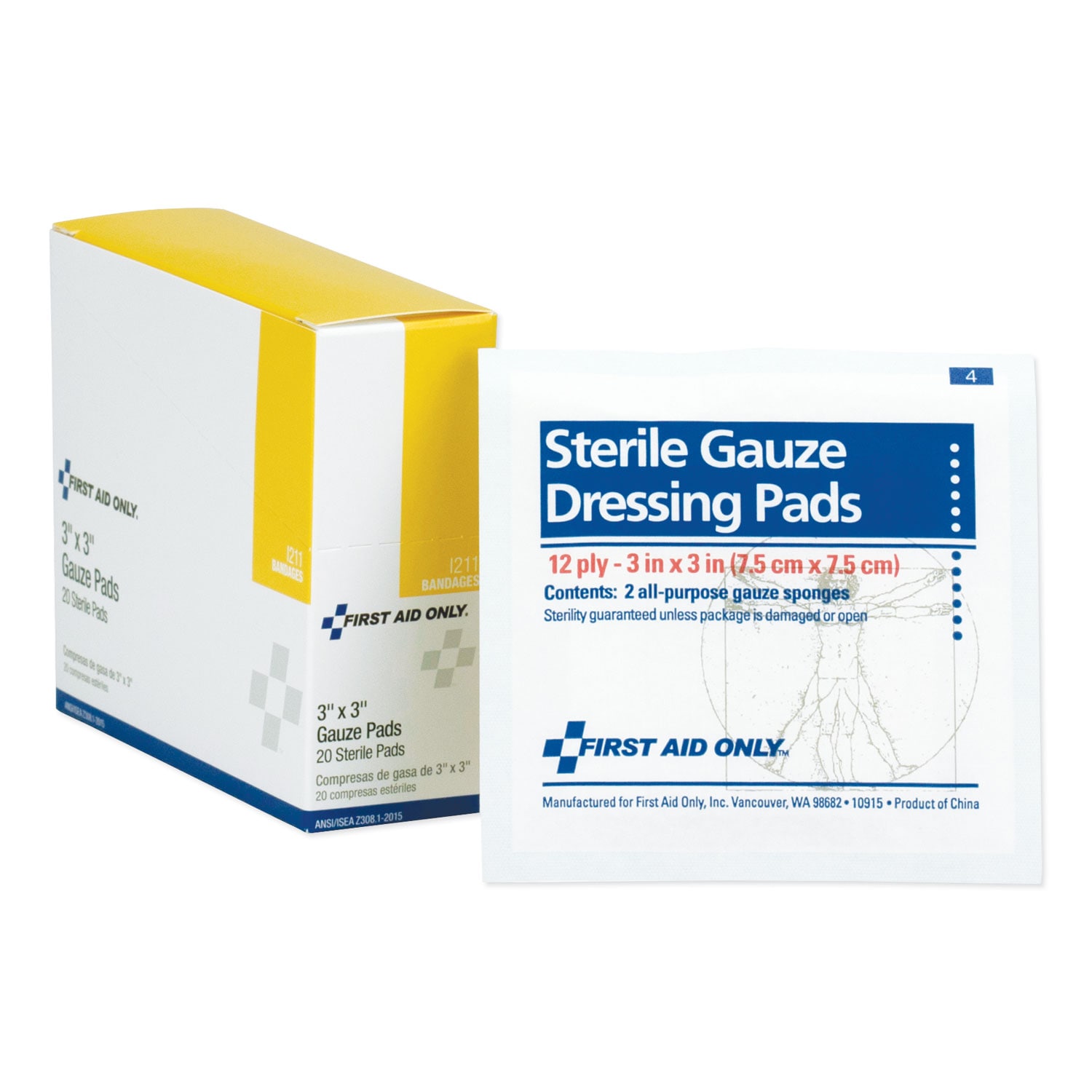 First Aid Only Gauze Dressing Pads Sterile 3 x 3 10 Dual-Pads/Box