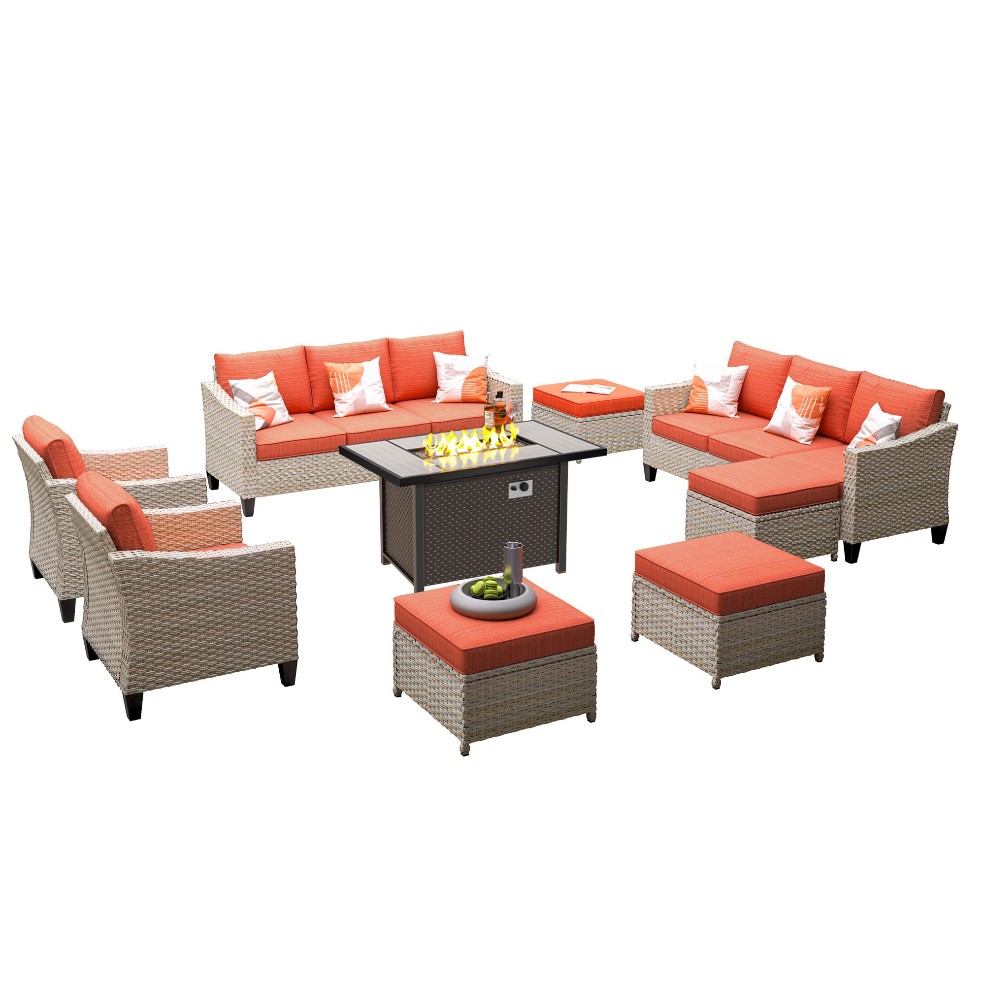 Pouuin SFPYZDAR808 9 -Piece Wicker 2 Patio Sofa Conversation Set with Orange Cushions