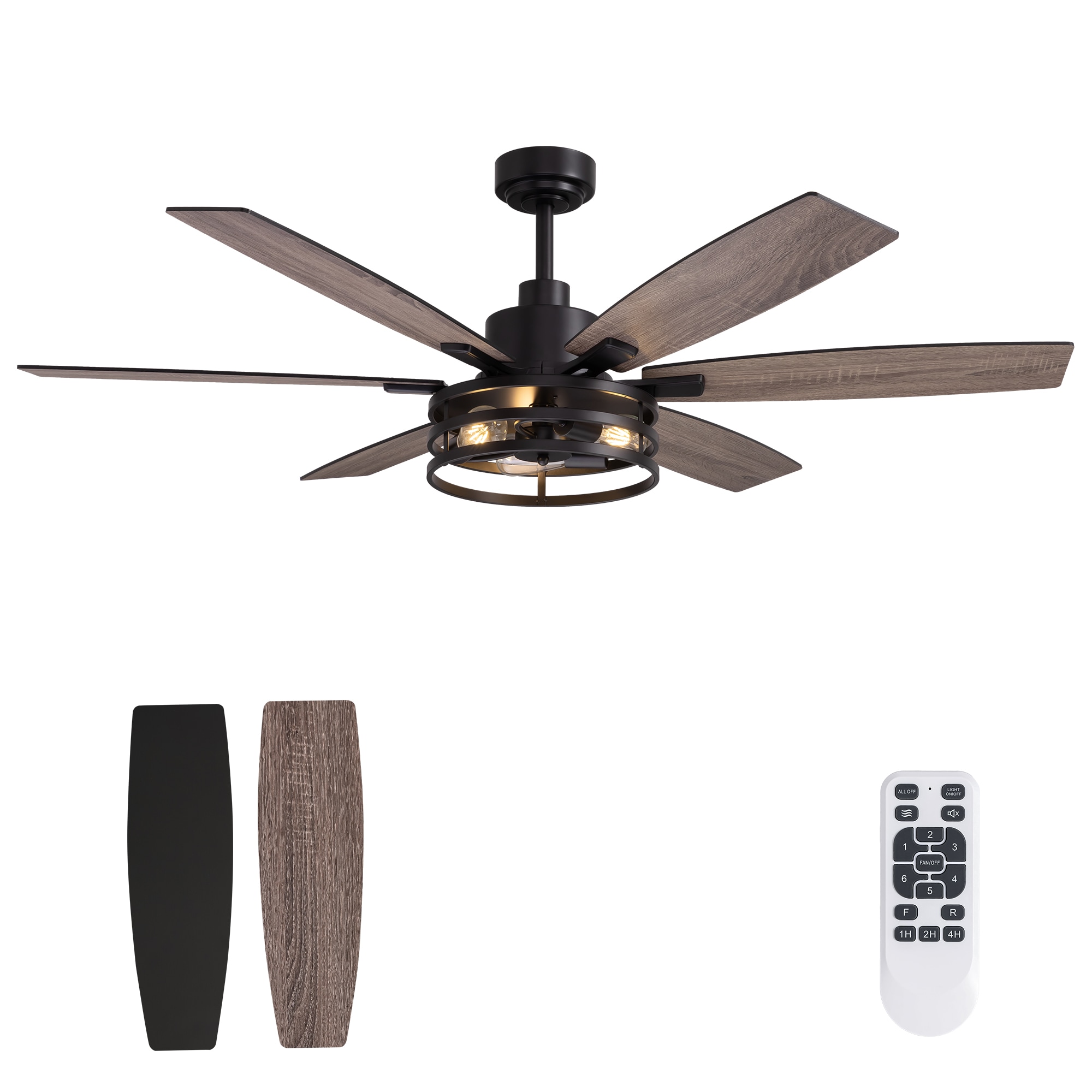SILJOY FS-8837D-60-01 60-in Indoor Matte Black Layered Caged Ceiling Fan with Light Kit Reversible Blades and Remote Included