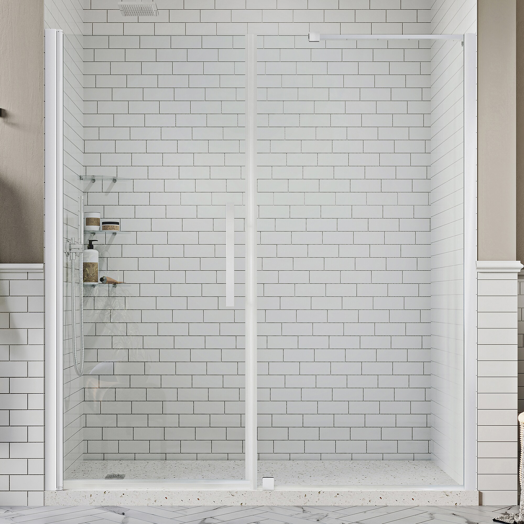 OVE Decors 828796082402 Pasadena Polished chrome 62-3/4-in to 64-11/16-in W x 72-in H Frameless Pivot Shower door 5/16-in Thick Clear Glass