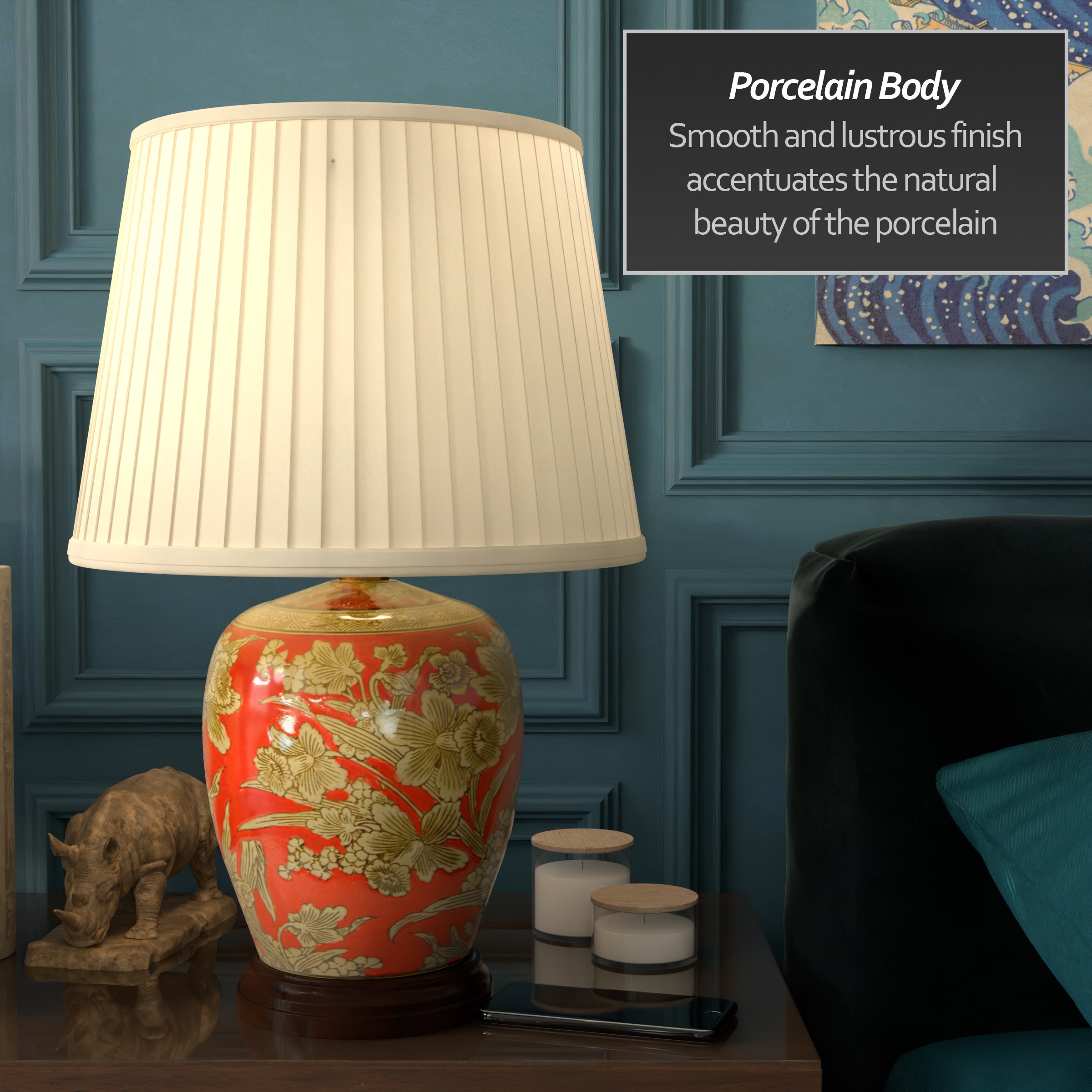 Red Porcelain Floral Jar Lamp with Off-White Shade