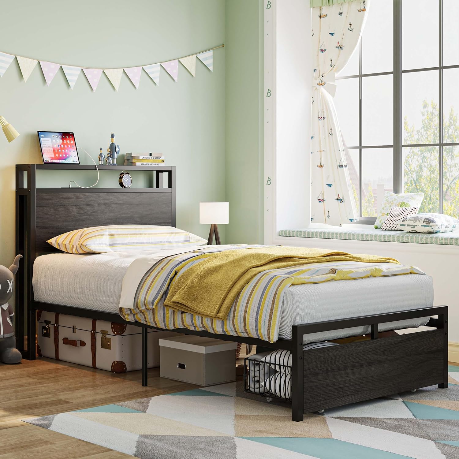 Likimio CNEQ0JV719KUHSFT 40.7-in W Gray Black Bed Frame with Drawer and Outlets