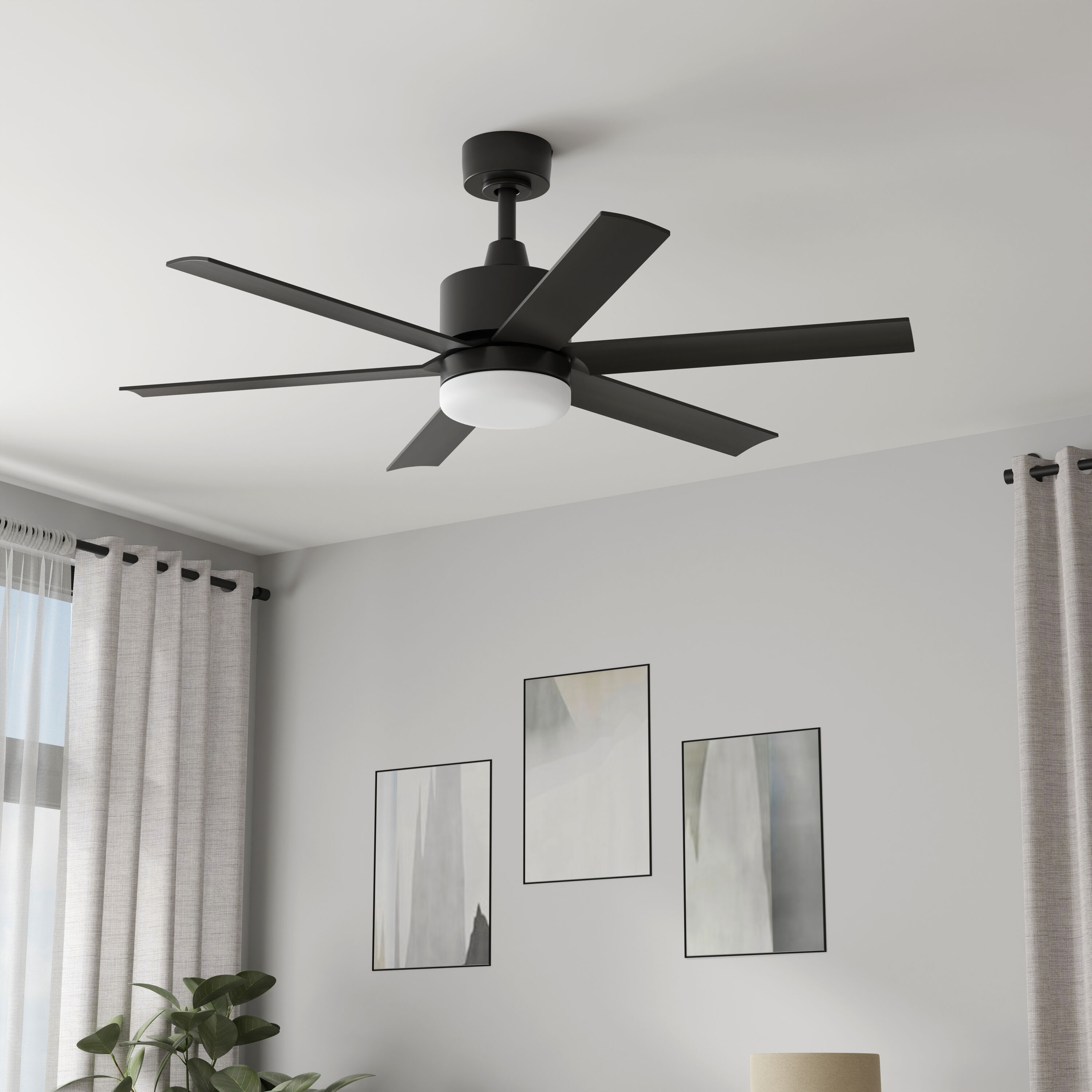 Harbor Breeze RDS52MBK6LR 52-in Color-Changing Outdoor Downrod or Flush Mount Matte Black with Matte Blades Ceiling Fan With Light - Remote Included ( 6 -Blade )