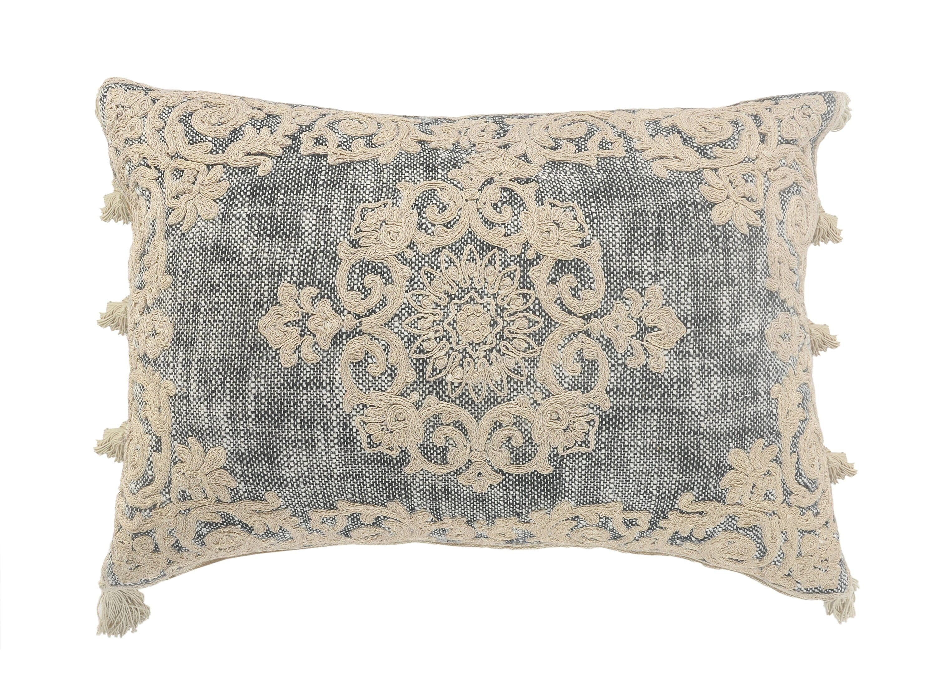 Gray and Beige Embroidered Rectangular Lumbar Pillow