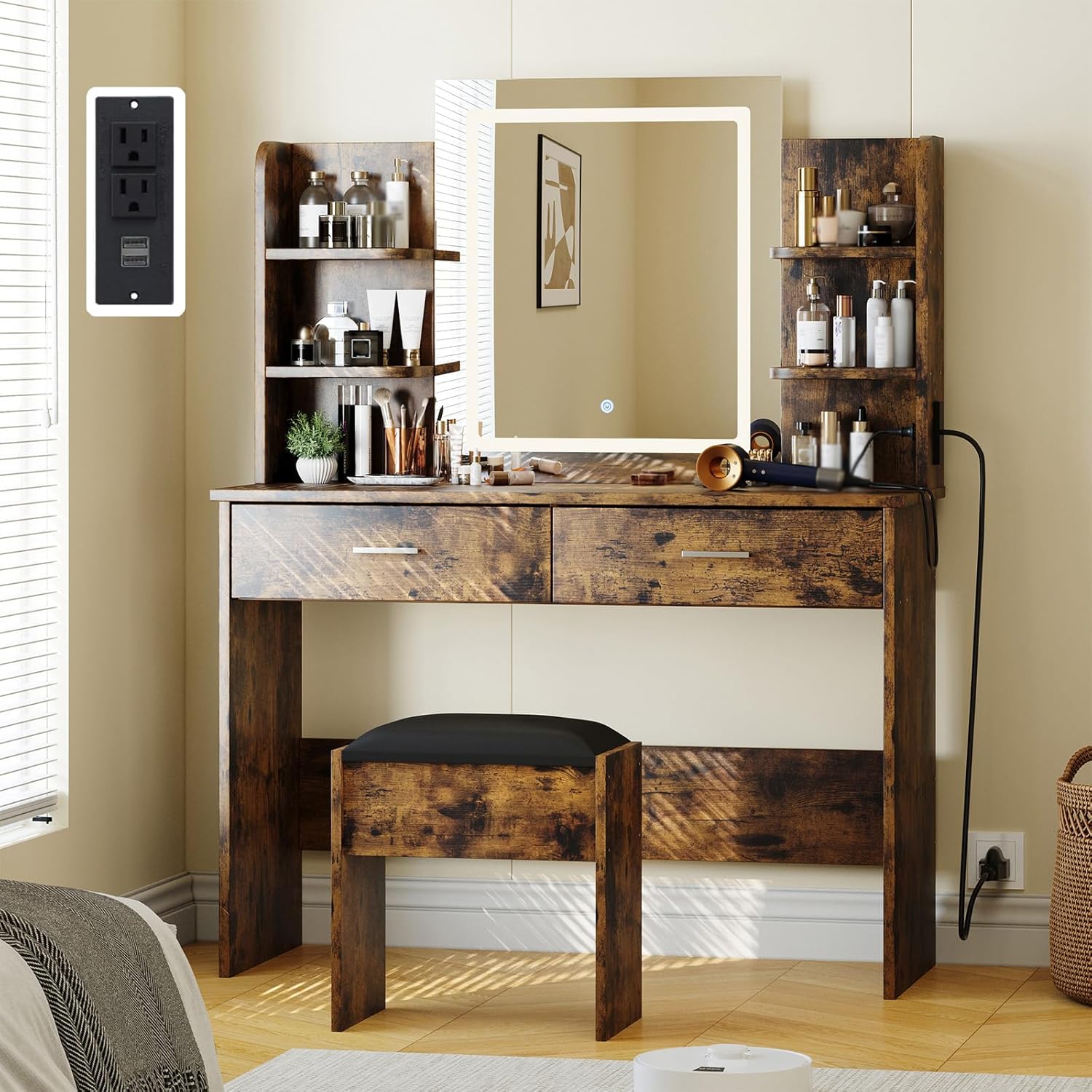 Qeetex LHF-SZT-PHO-14CNYFWN Vanity Desk with Lighted Mirror - Makeup Vanity Set with Power Outlet/Cushioned Stool - Vanity Table with 6 Storage Shelves - 2 Large Drawers and 3 Color Light Adjustable Brightness - Brown