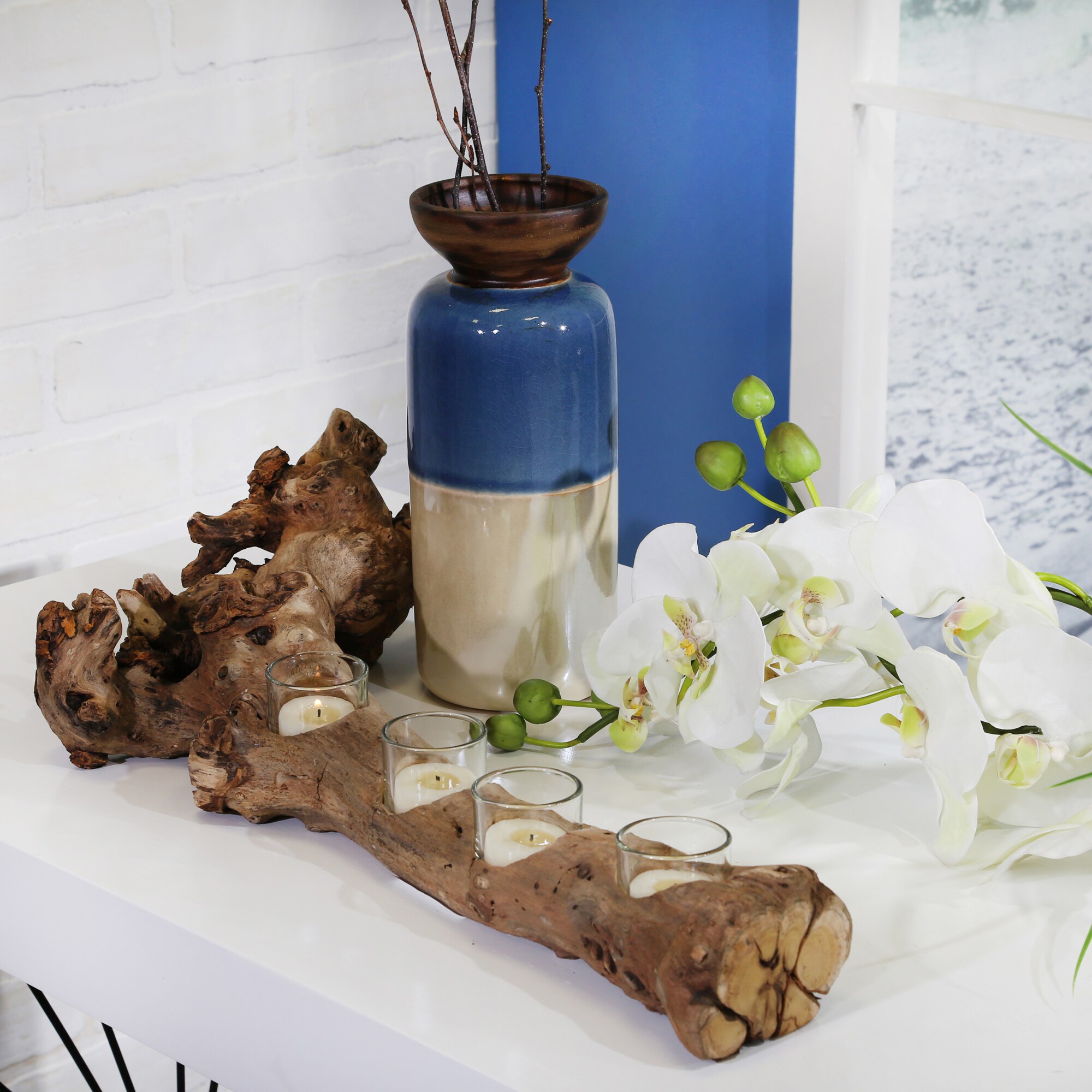 Sagebrook Home 14338-01 4 Candle Wood Tea Light Candle Holder