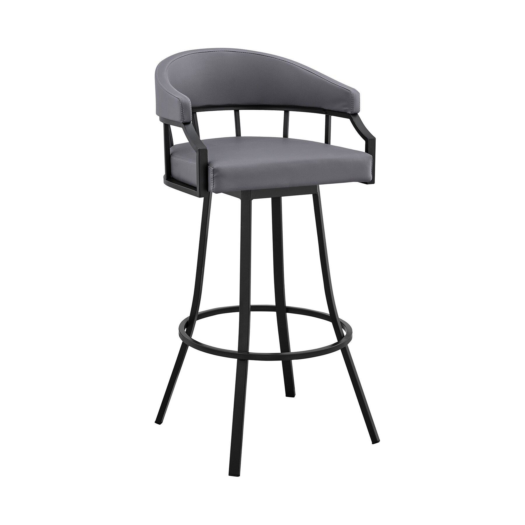 HomeRoots 4000476766 Slate Grey 30.0-Inches H Bar height Round seat Upholstered Swivel Metal Bar Stool with Arms and Back