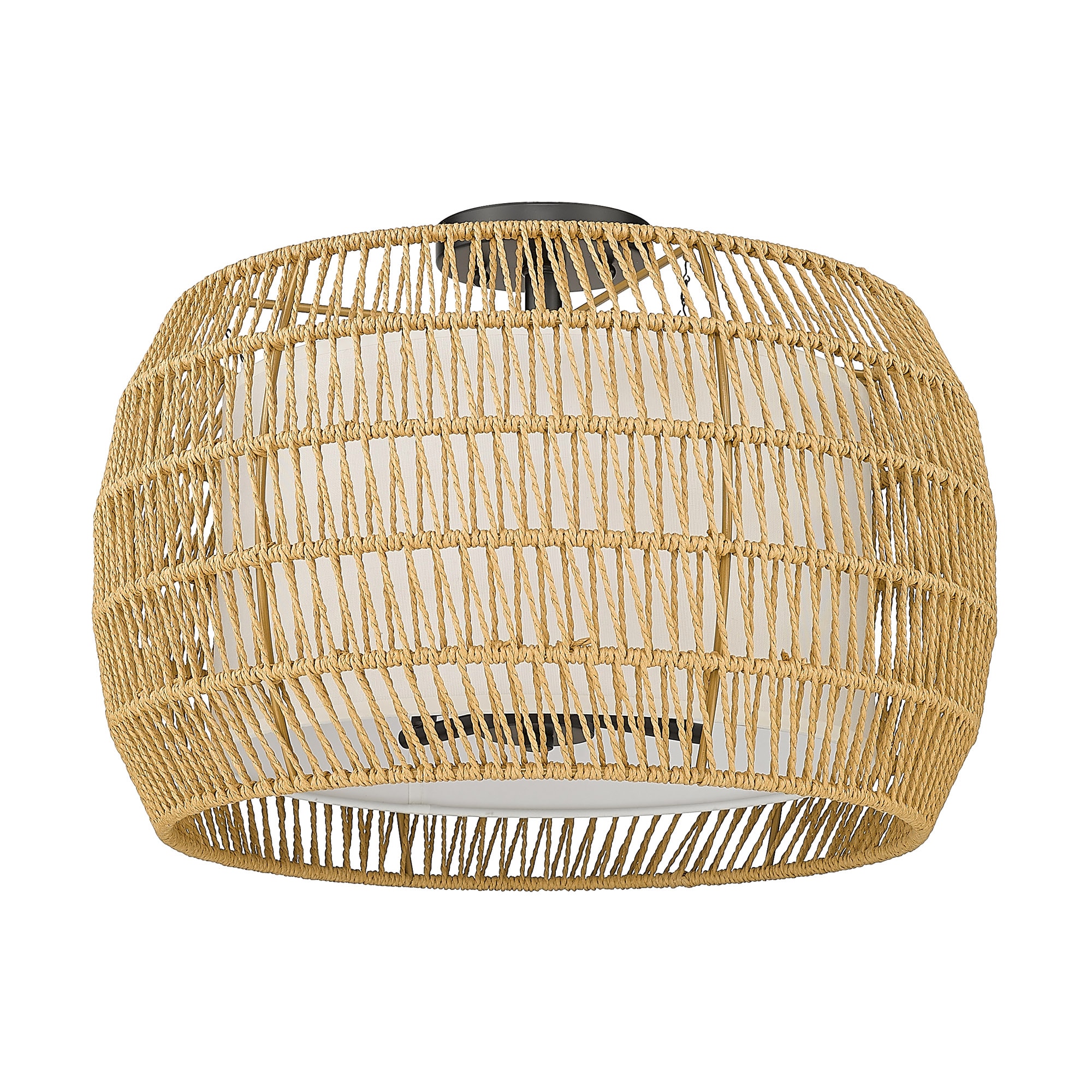 Matte Black and Natural Rattan Drum Semi-Flush Mount Light