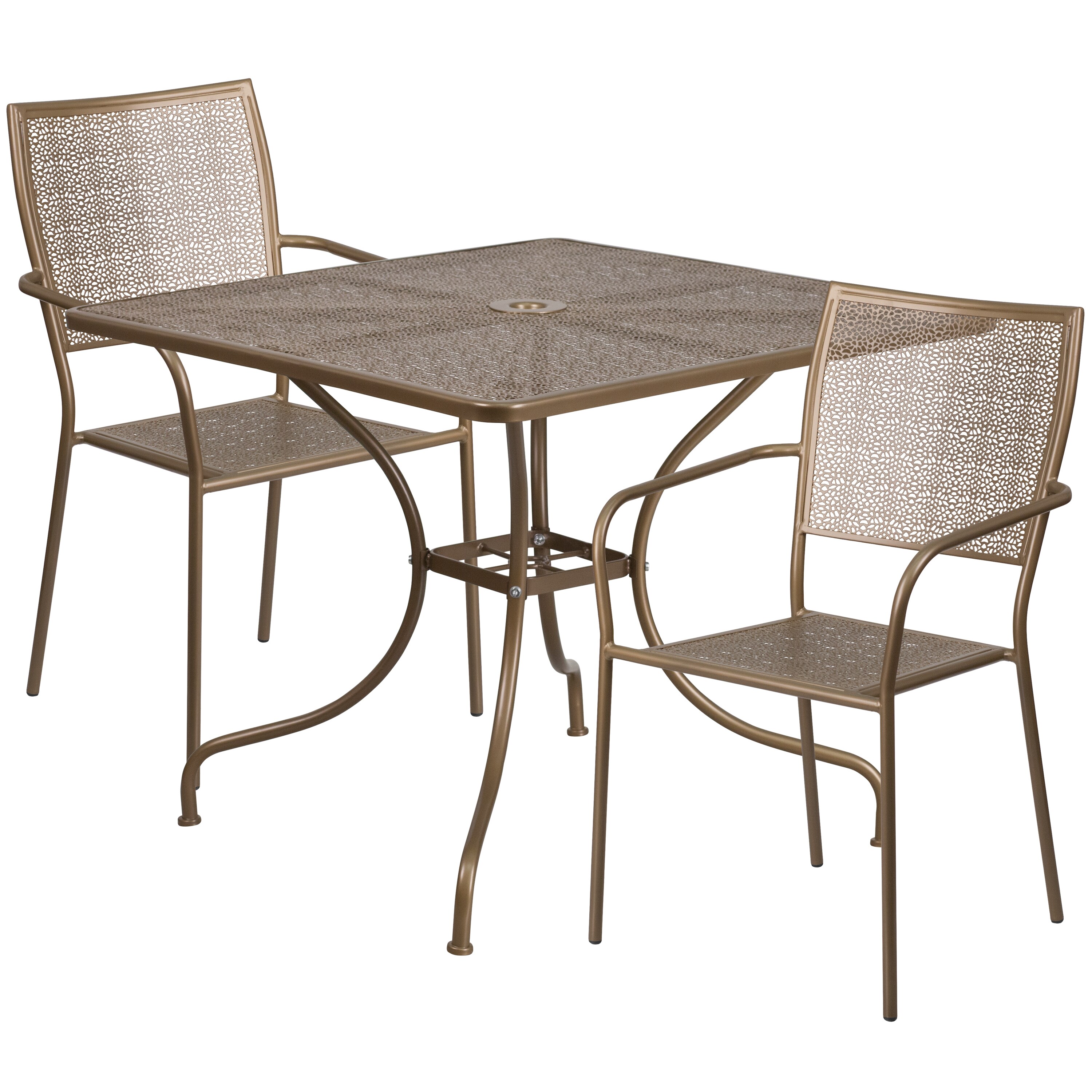Flash Furniture 889142078937 Oia 3 -Piece Gold Patio Dining Set Steel Square Table with 2 Stackable Stationary Chairs