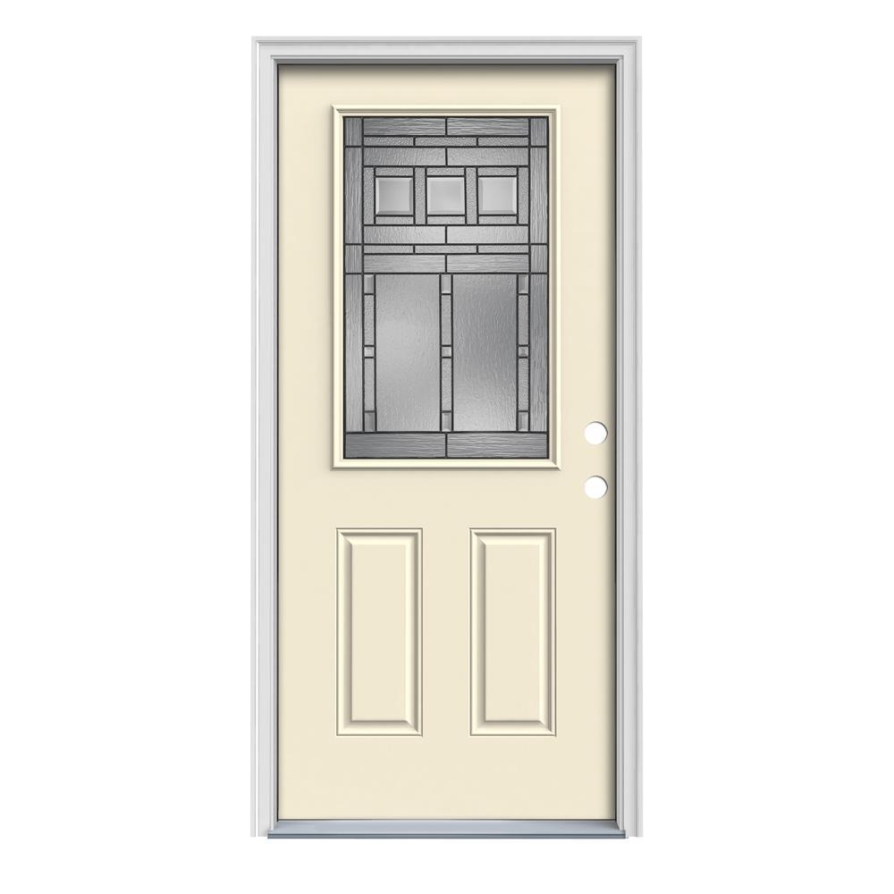 JELD-WEN LOWOLJW167000467 Craftsman 32-in x 80-in x 4-9/16-in Steel Half Lite Left-Hand Inswing Bisque Painted Prehung Front Door with Brickmould Insulating Core
