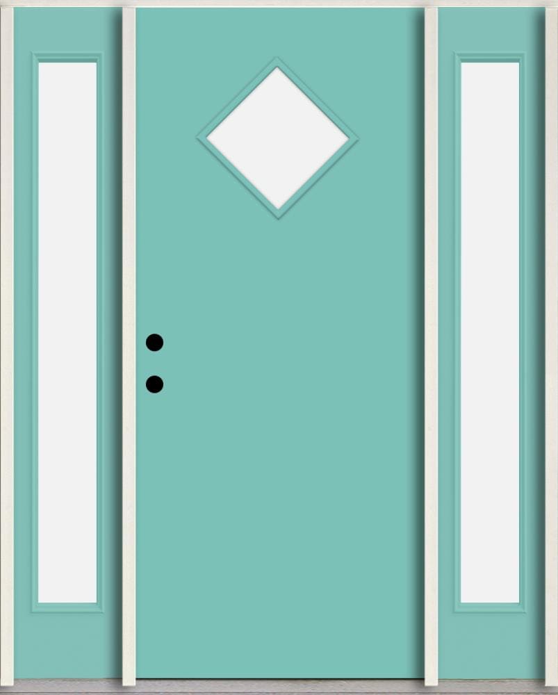 RELIABILT LO1067138 Spotlights 60-in x 80-in x 4-5/8-in Fiberglass 1/4 lite Right-hand inswing Caribbean Blue Paint Painted Prehung Front Door with Sidelights Insulating core