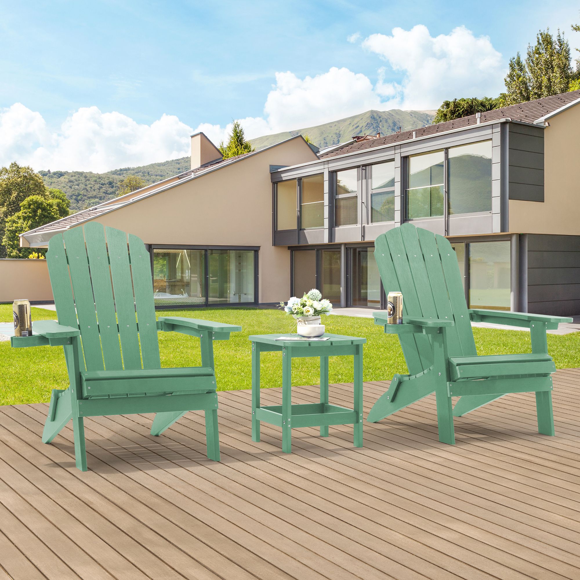 ACEGOSES LW-FD-109-DG-2 Foldable Adirondack Chair Set of 2 Dark Green Stationary Adirondack Chair with Slat Seat