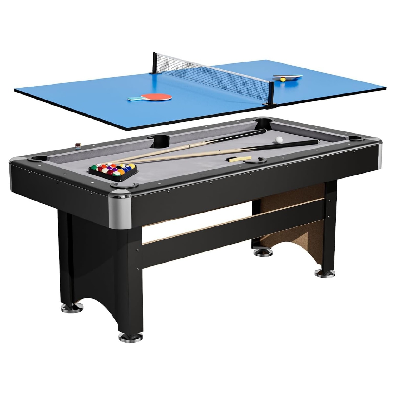 Garvee 2 in 1 Pool Table 6 ft with Ping Pong Top for Family Recreation Game Rooms Multi Game Table with Billiard Balls Cues Paddles More