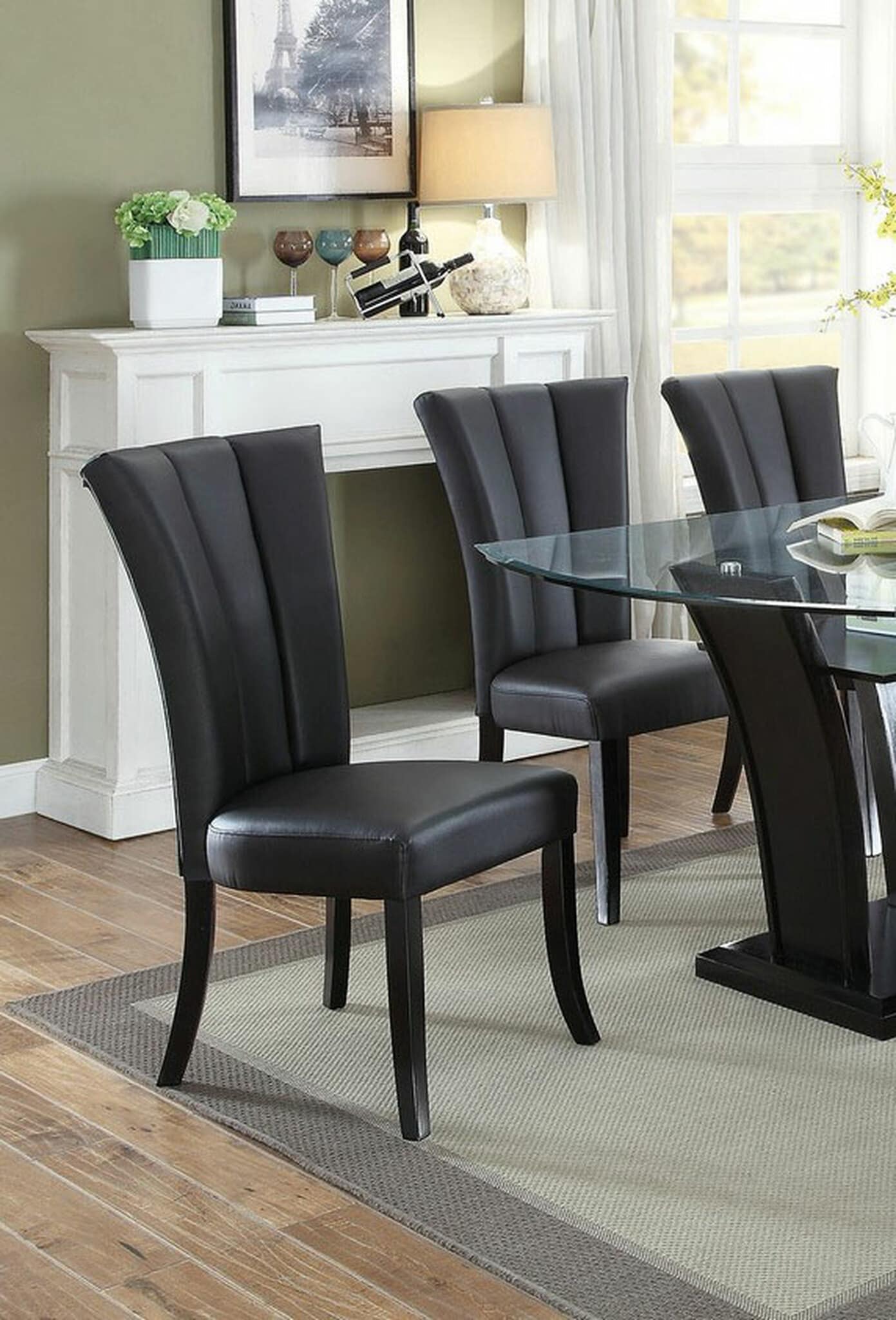 LOVMOR -  Black Faux Leather Upholstered Lines back Set of 2pc Chairs Dining Room Wide Flair back...