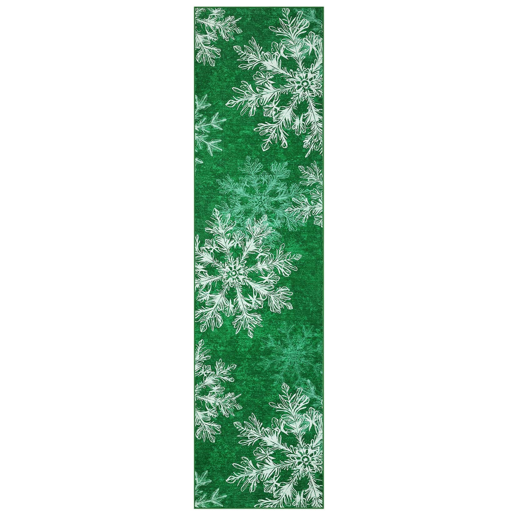 Qeetex SUNNY-PHK-35SFNMS4 2 x 8 ft Green Christmas Bedroom Entryway Laundry Bathroom Snowflake Print Decorative Modern Machine Washable Polyester Rectangular Indoor Runner Rug