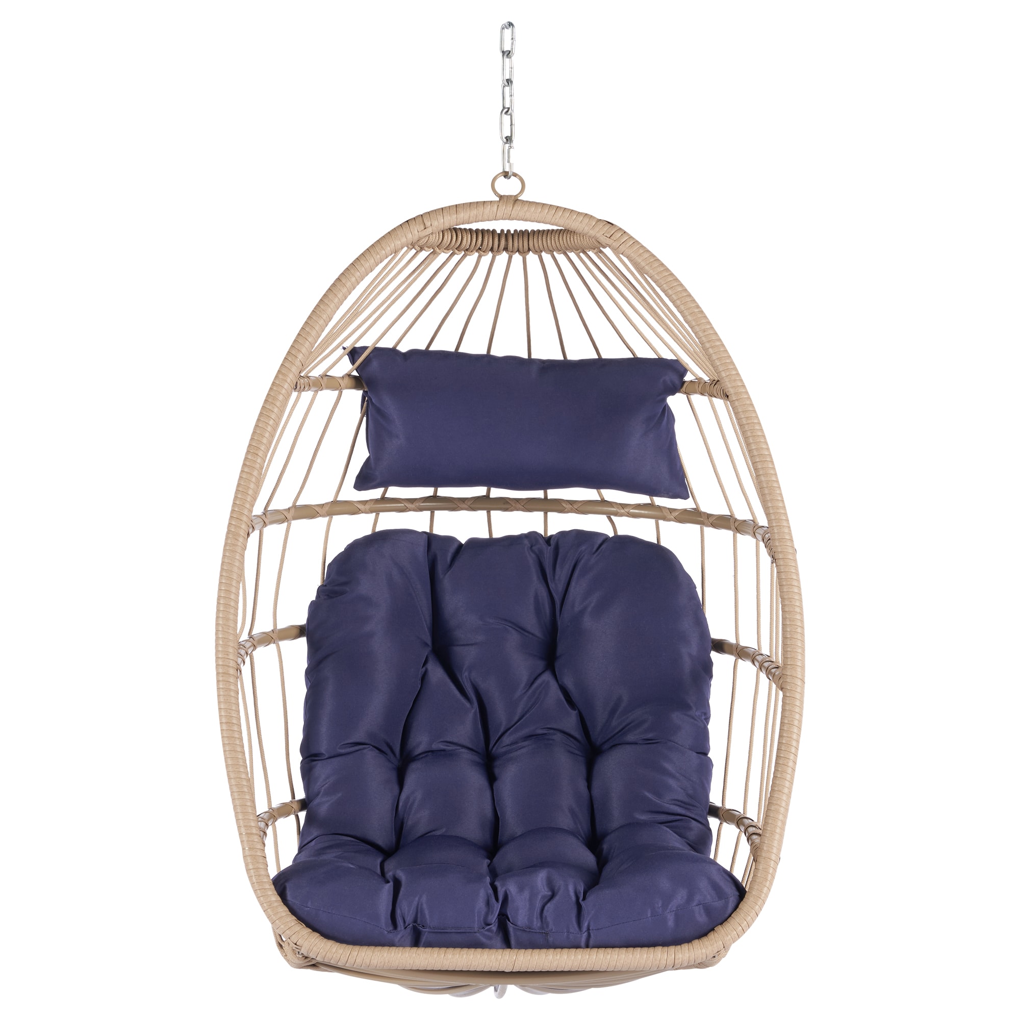 Kahomvis DEE-2QP109-15 Rattan Brown Rattan Frame Hanging Egg Chair with Blue Cushioned Seat