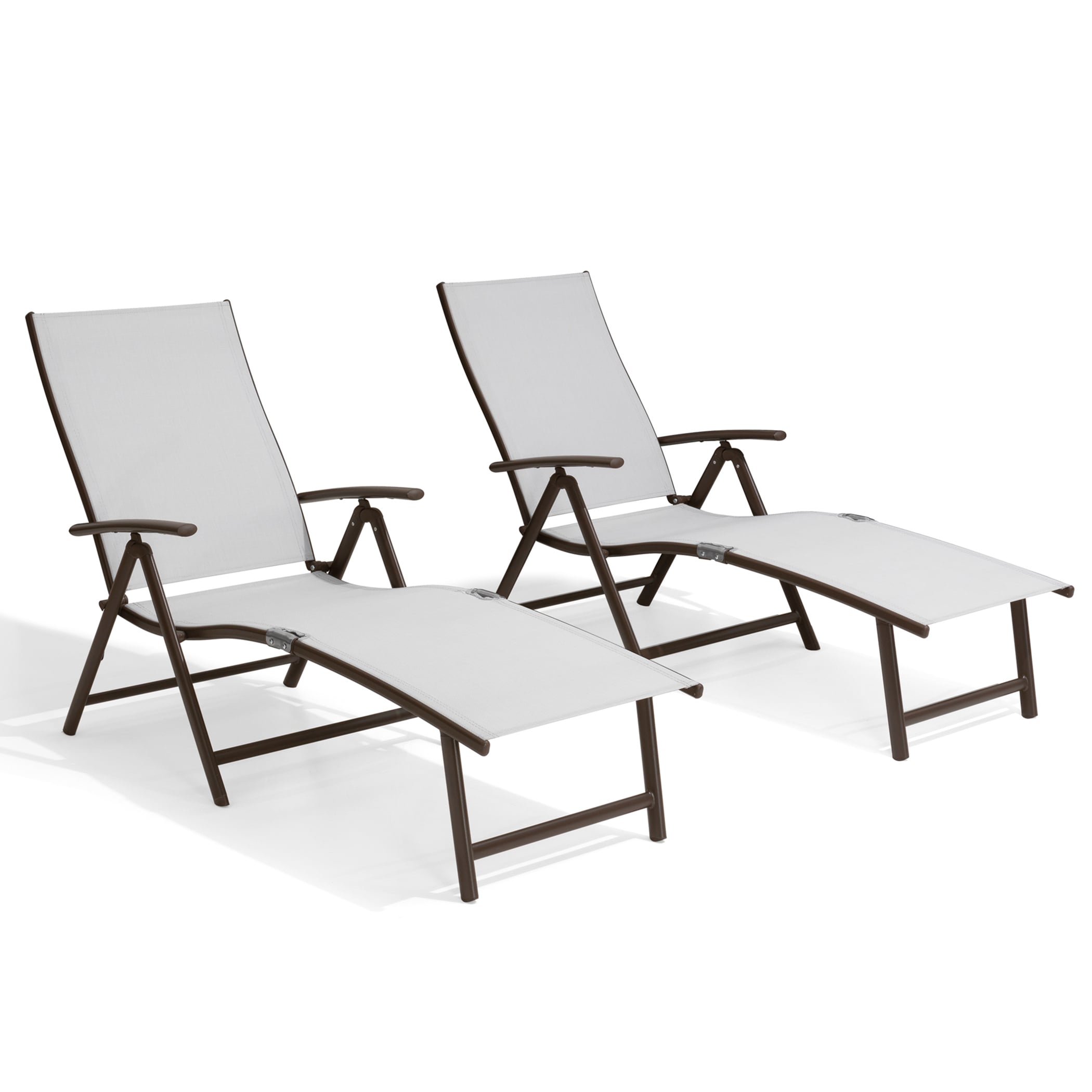 Crestlive Products CL-LG001LGY-2 Folding Patio Chaise Lounge Chair for Outside Set of 2 Brown Aluminum Frame Stationary Chaise Lounge Chair with White Textilene Mesh Seat