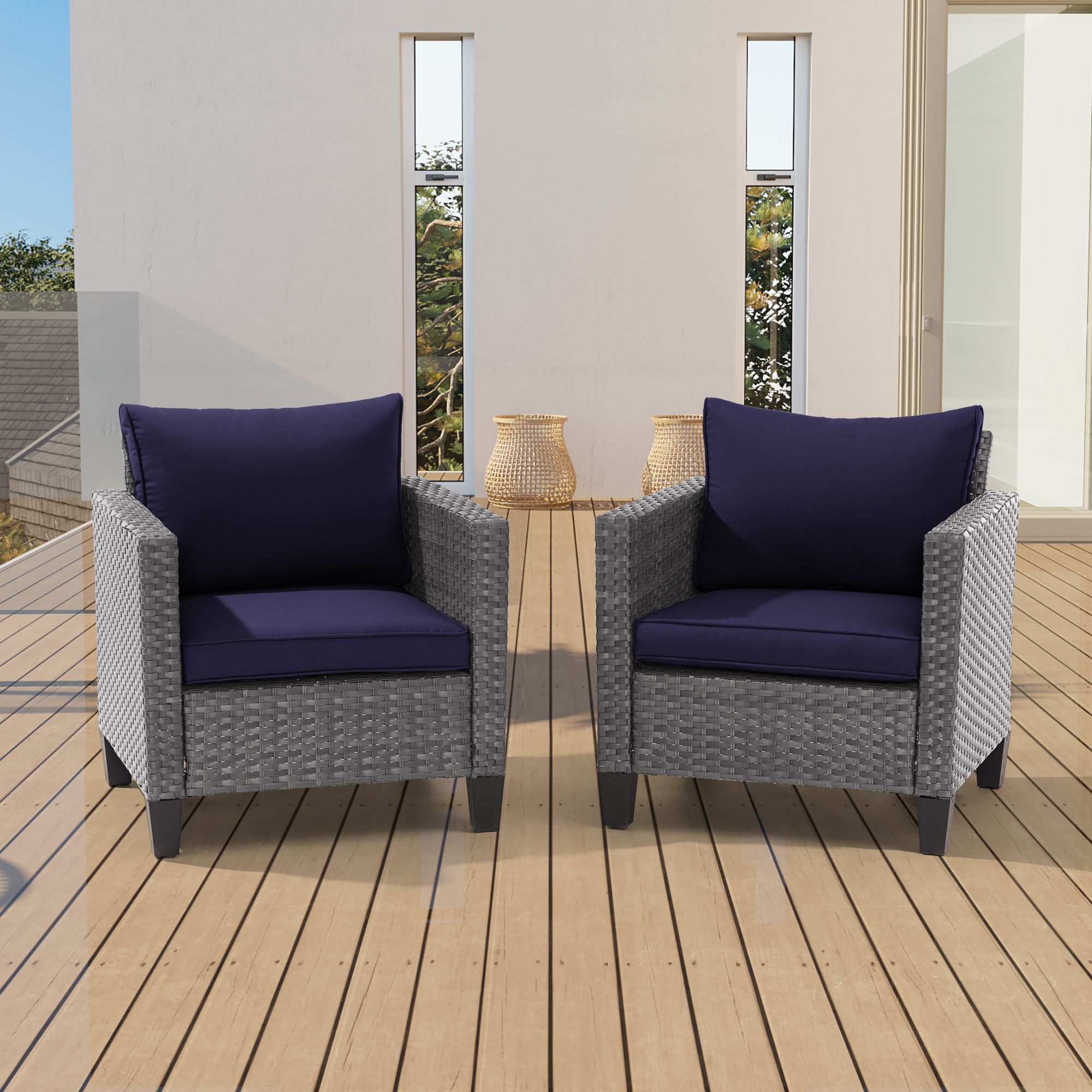 ACEGOSES LW-S2HNY Arboreal Set of 2 Wicker Gray Wicker Frame Stationary Conversation Chair with Navy Cushioned Seat