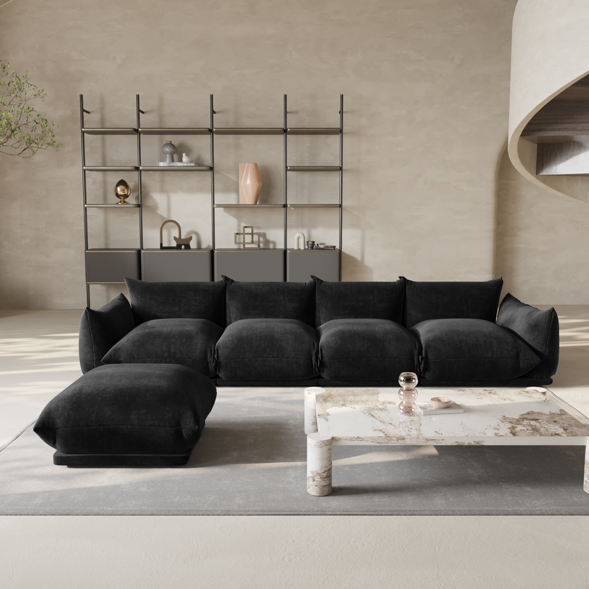 BuotiqHom DH-A-119BK-S4+1 131-in Modern Black Chenille 4 -seater Sectional