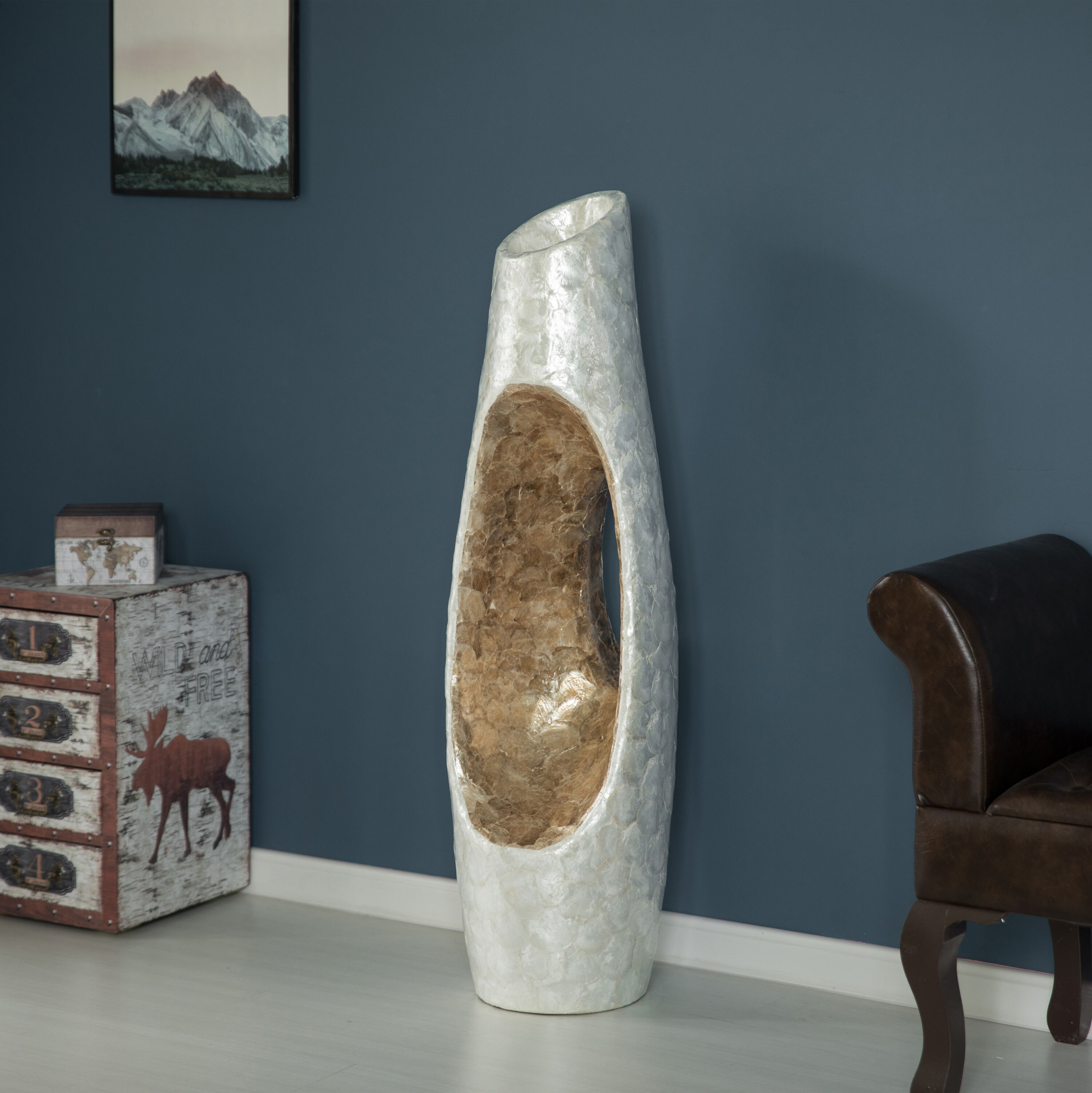 Elegant White and Gold 43" Decorative Floor Vase in Fiberglass