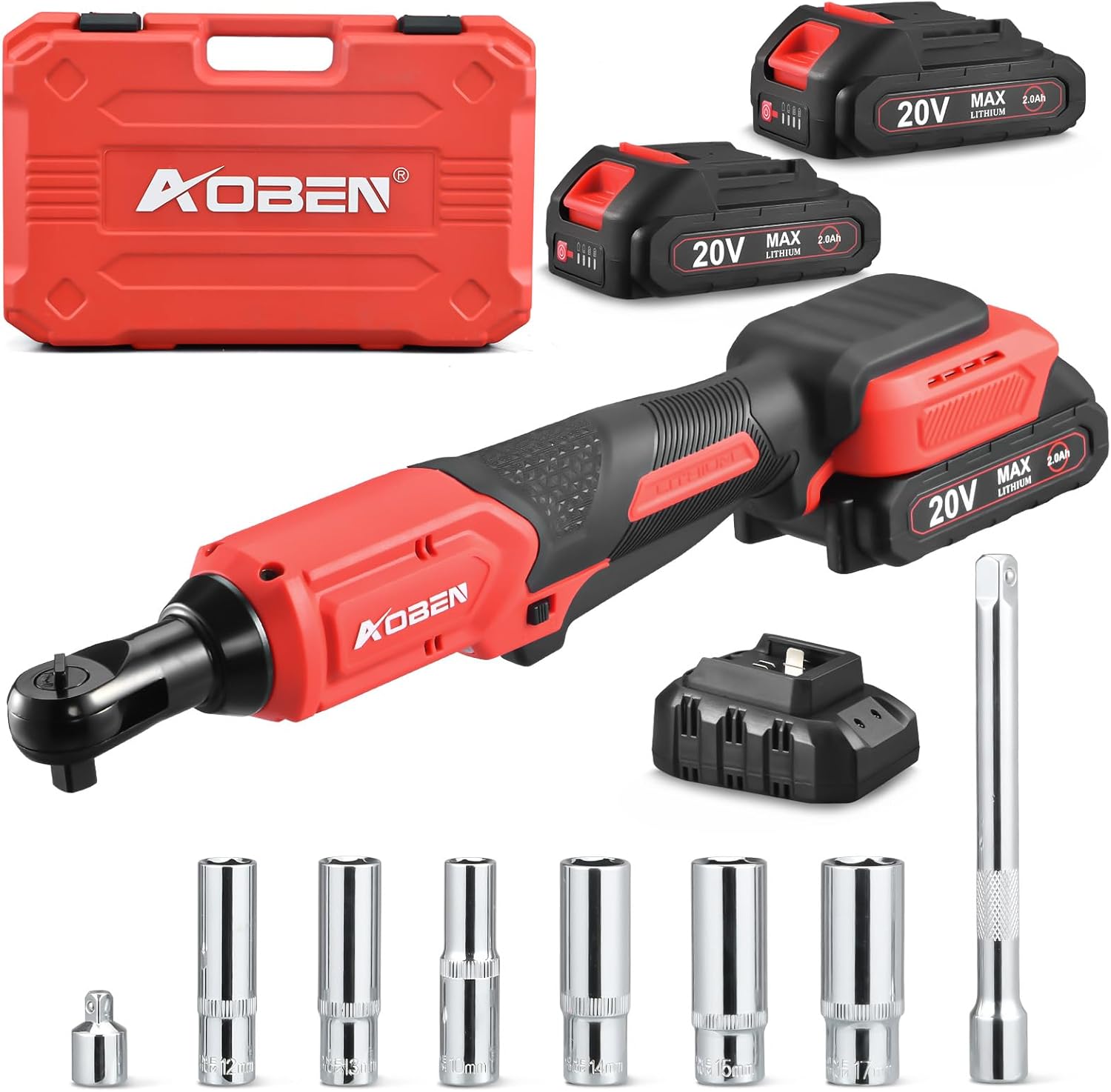 AOBEN  20V 3/8 inch Cordless Ratchet Wrench Kit 60 Ft-lbs Brushless Electric Power Ratchet with Variable Speed 2 packs 2000mAh Lithium-Ion Battery Charger 8 Sockets 1/4 inch Adaptors 6 inch Extension Bar