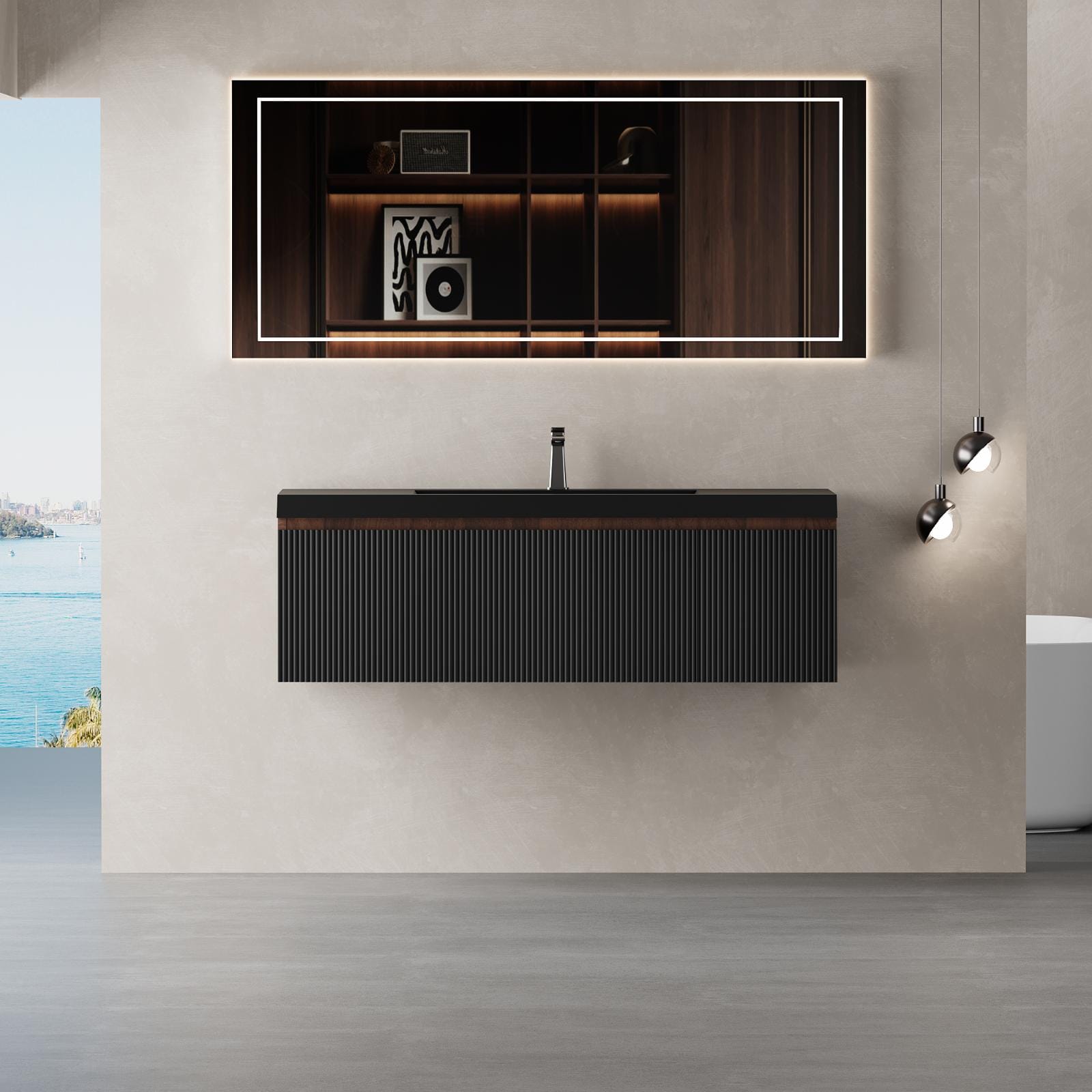 BWE F-VN04-F48WAB 48-in Walnut+black Single Sink Floating Bathroom Vanity with Matte Black Quartz Top